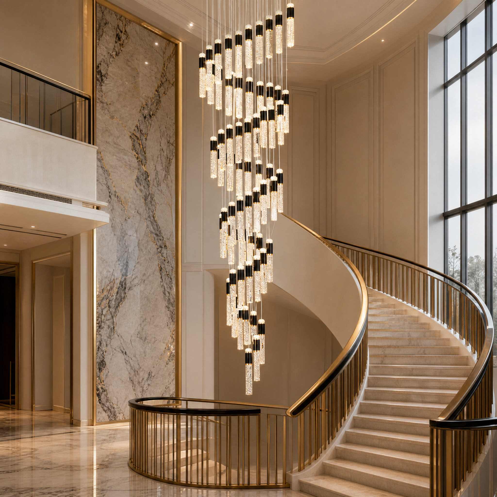 Breathtaking spiral formation of the Sagres pendant chandelier illuminating a sophisticated modern hospitality lobby entrance.