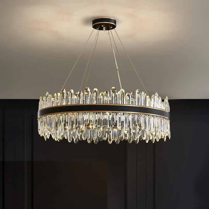 Close up of oblong diamond cut crystals on Sagres circular chandelier