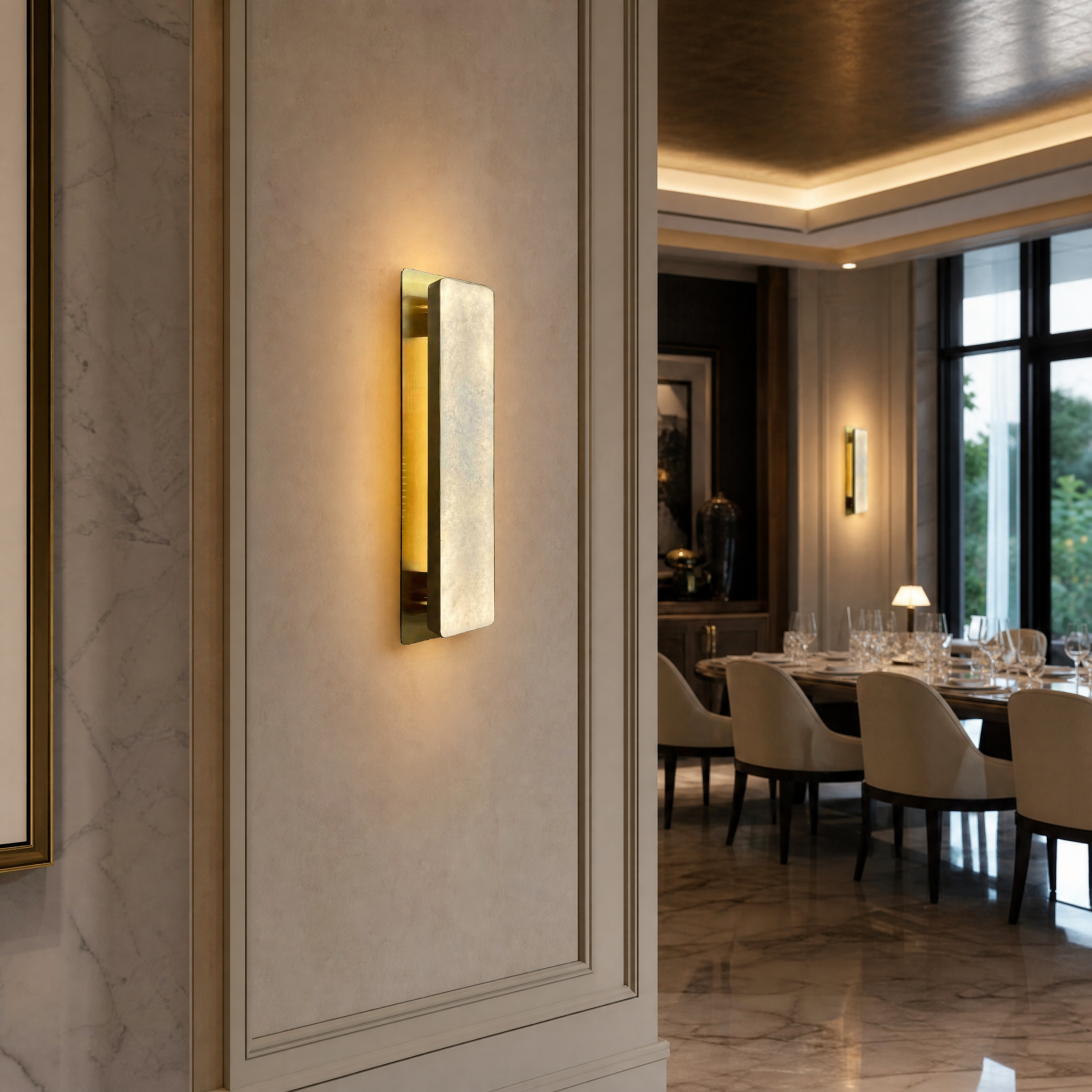 A pair of minimalist Salerno marble wall sconces by VORELLI installed in a contemporary hotel lobby, casting warm ambient lighting over an upscale hospitality interior.