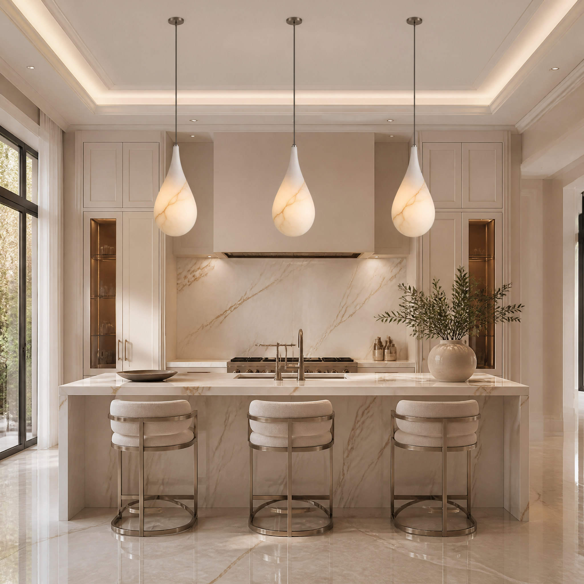 VORELLI Sandro Marble Pendant Light illuminating a luxury residential living room with a warm, diffused glow.