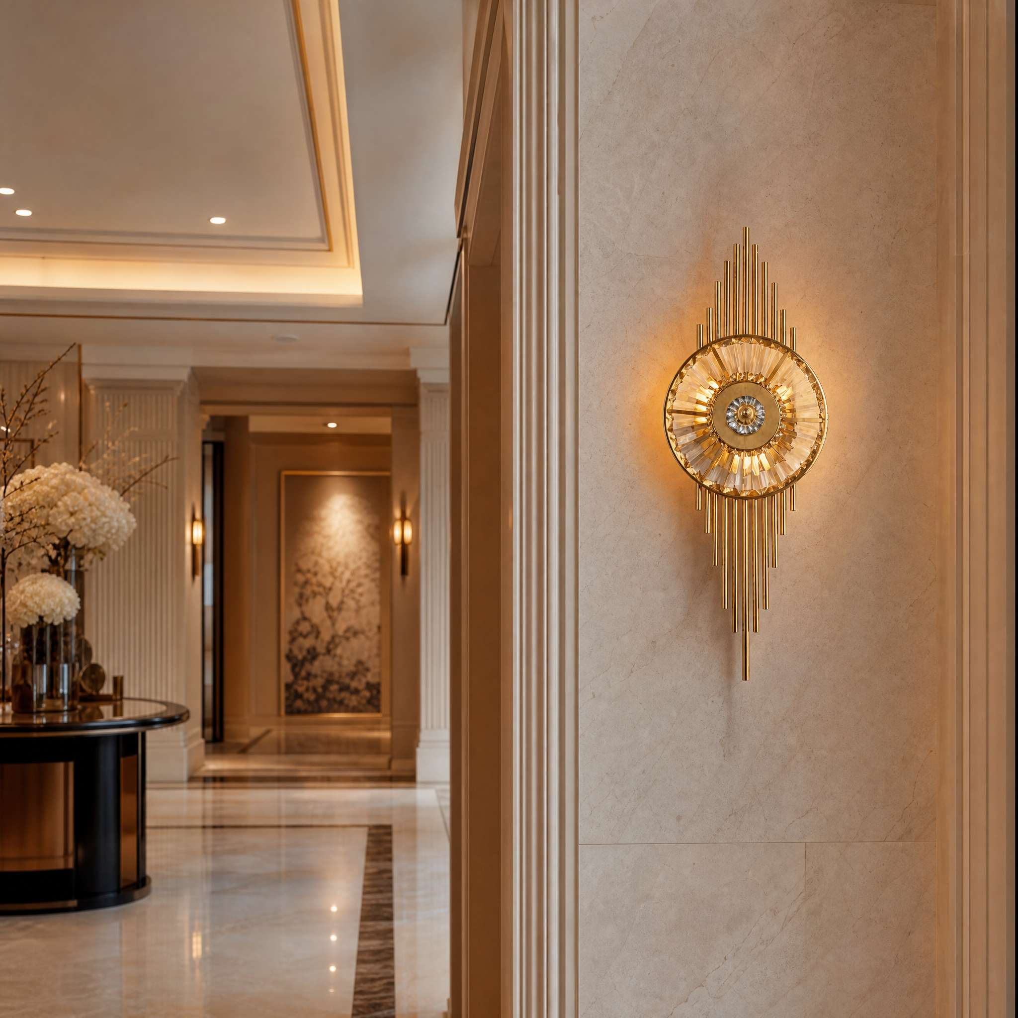 Elegant Santa Maria crystal wall sconces by VORELLI creating a warm, subtle lighting effect in a contemporary boutique hotel lobby.