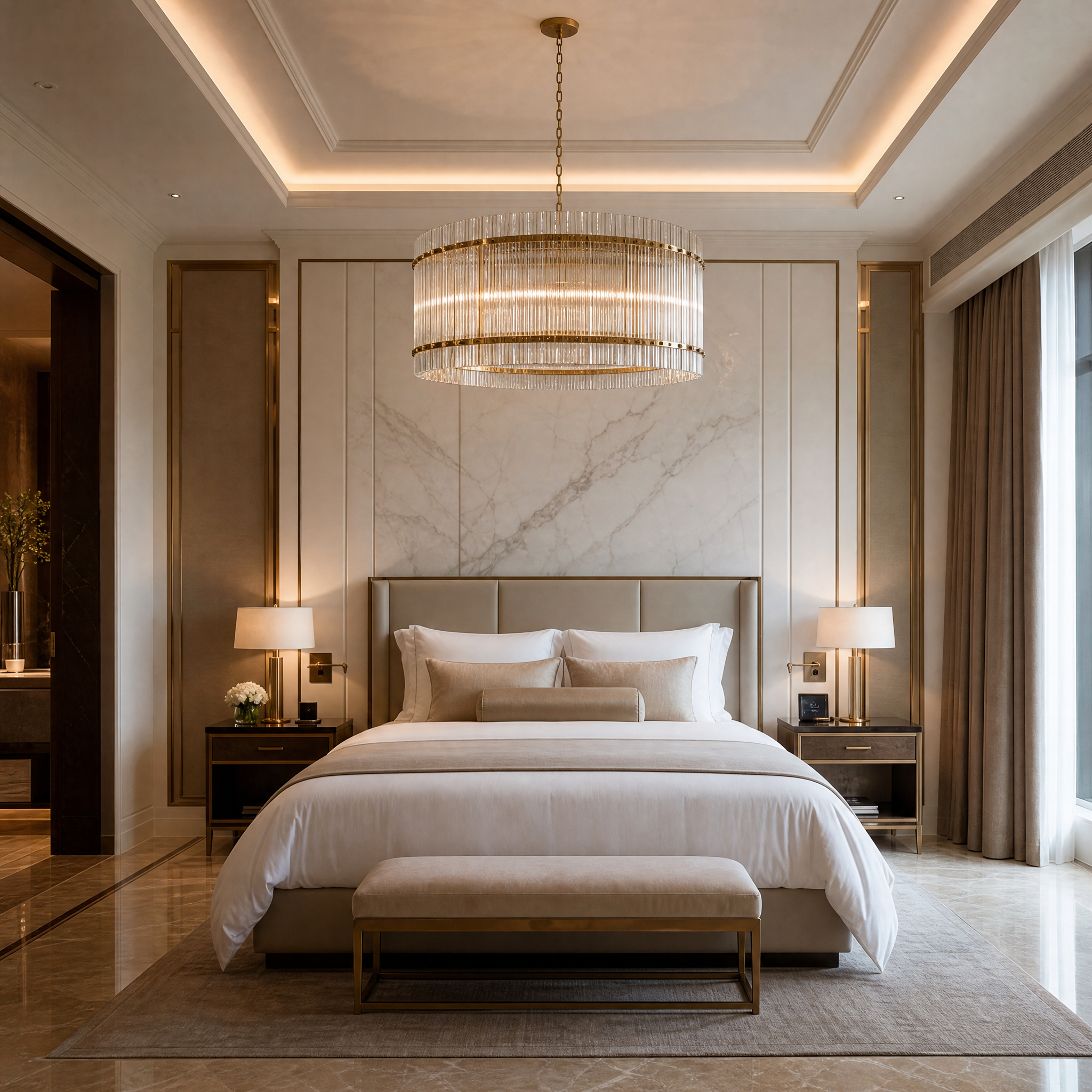 A grand hospitality setting featuring the VORELLI Sanvino circular drum chandelier illuminating a high-end hotel lobby.