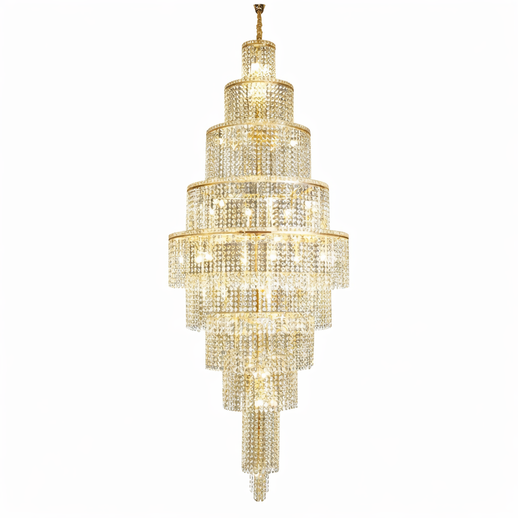 Sassari staircase chandelier featuring multi tier ring design with cascading square and octagon crystals in grand vertical formation on white background