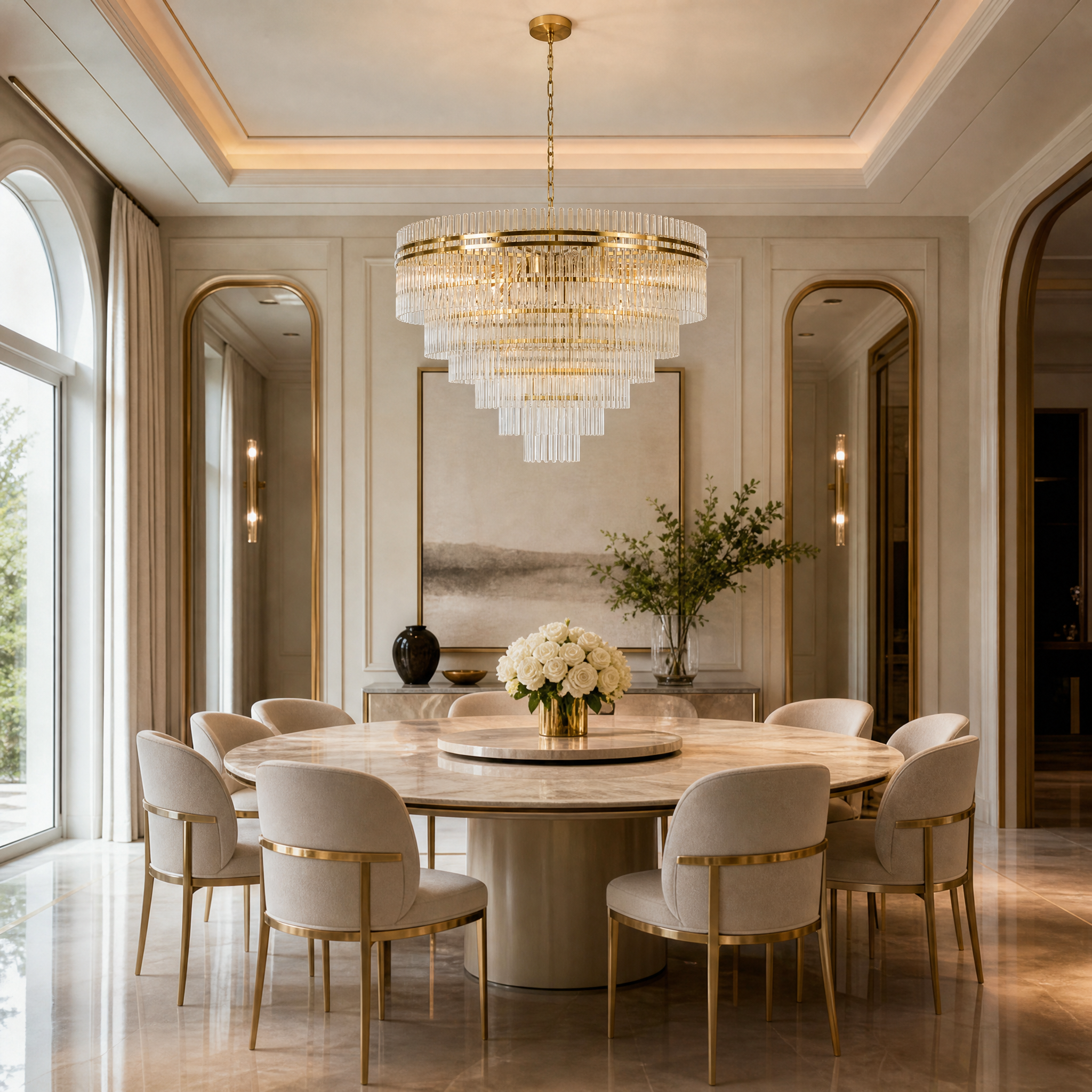 Satin brass and tiered glass detail of the Valdoro lighting fixture catching the warm ambient light.