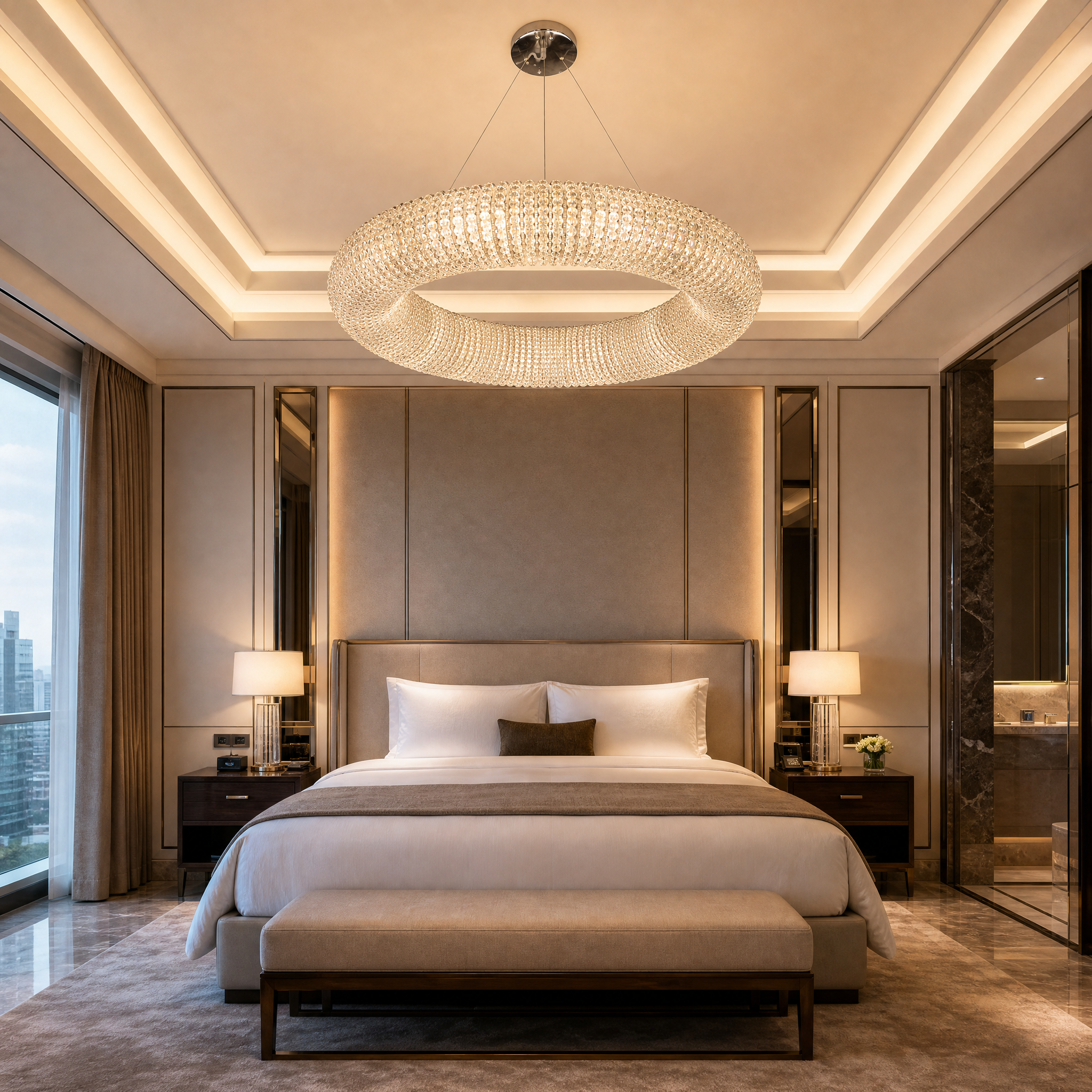 An upscale grand commercial hotel lobby featuring the elegant VORELLI Seminyak circular crystal pearl chandelier as a focal point.