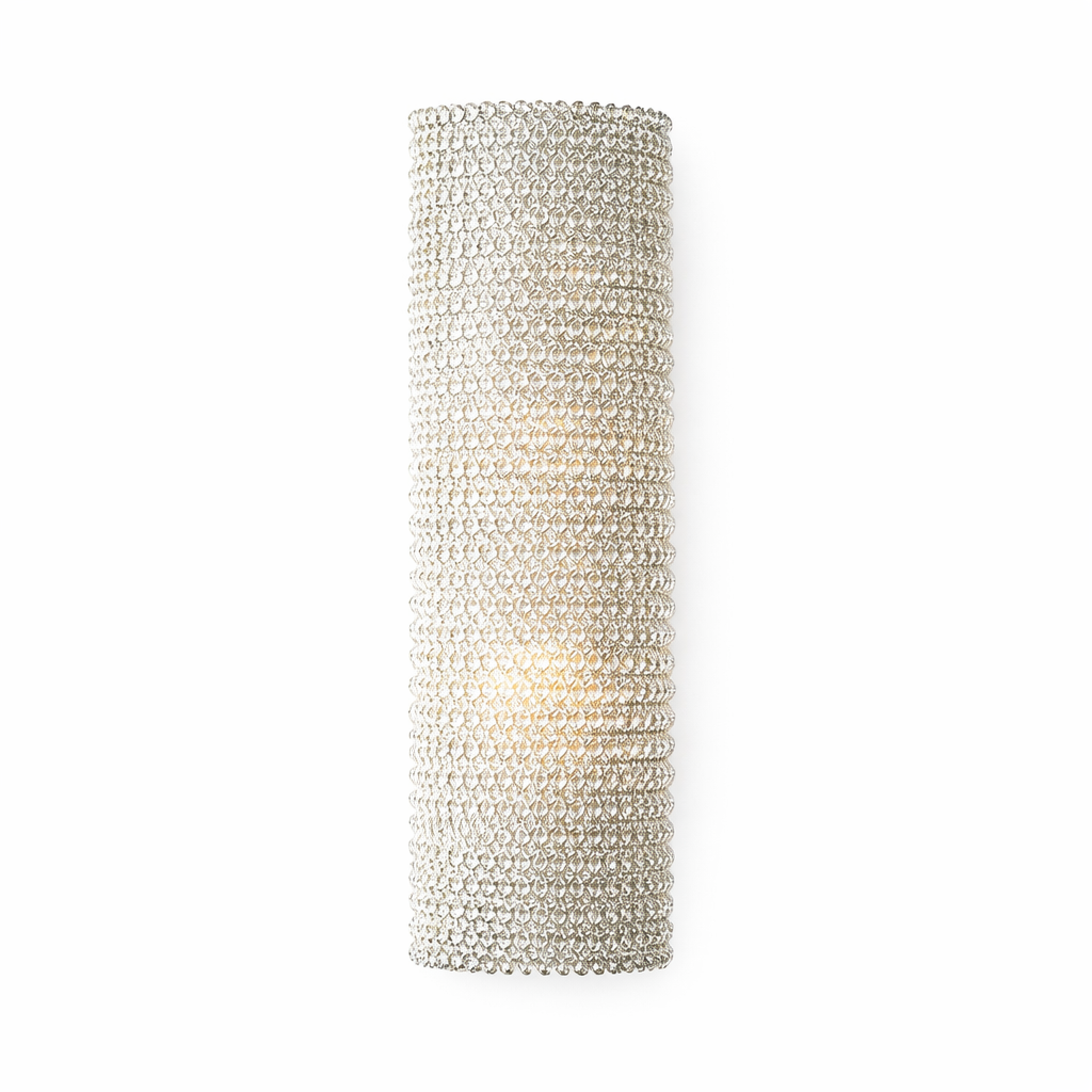 Seminyak wall light featuring cylindrical frame encircled with diamond cut crystal pearls in modern luxury design on white background