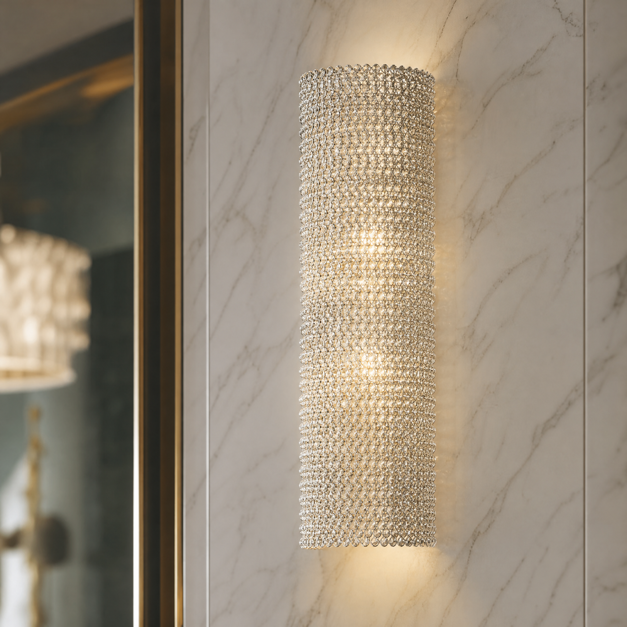 A detailed closeup macro shot of the VORELLI Seminyak wall light highlighting the intricate diamond-cut crystal pearls and sleek cylindrical frame.