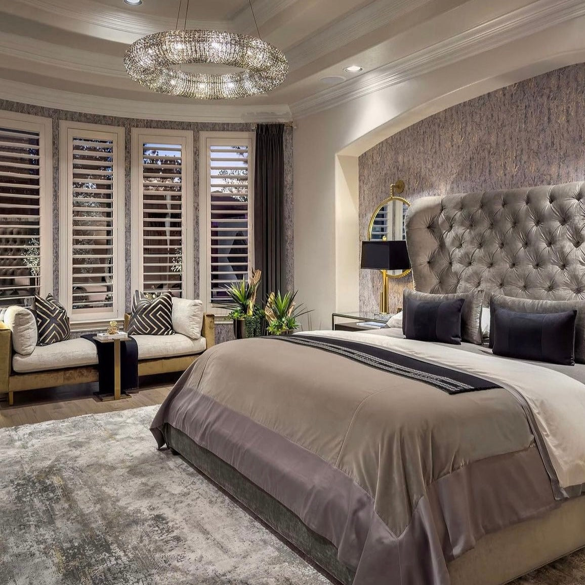 Seminyak circular crystal chandelier enhancing elegant bedroom interior with layered pearl texture