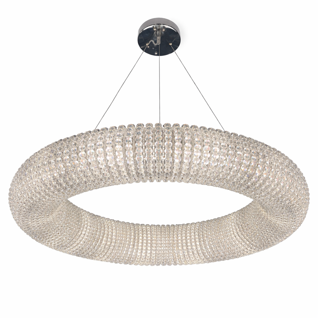Seminyak circular chandelier featuring ring design encircled with diamond cut crystal pearls in luxury halo formation on white background