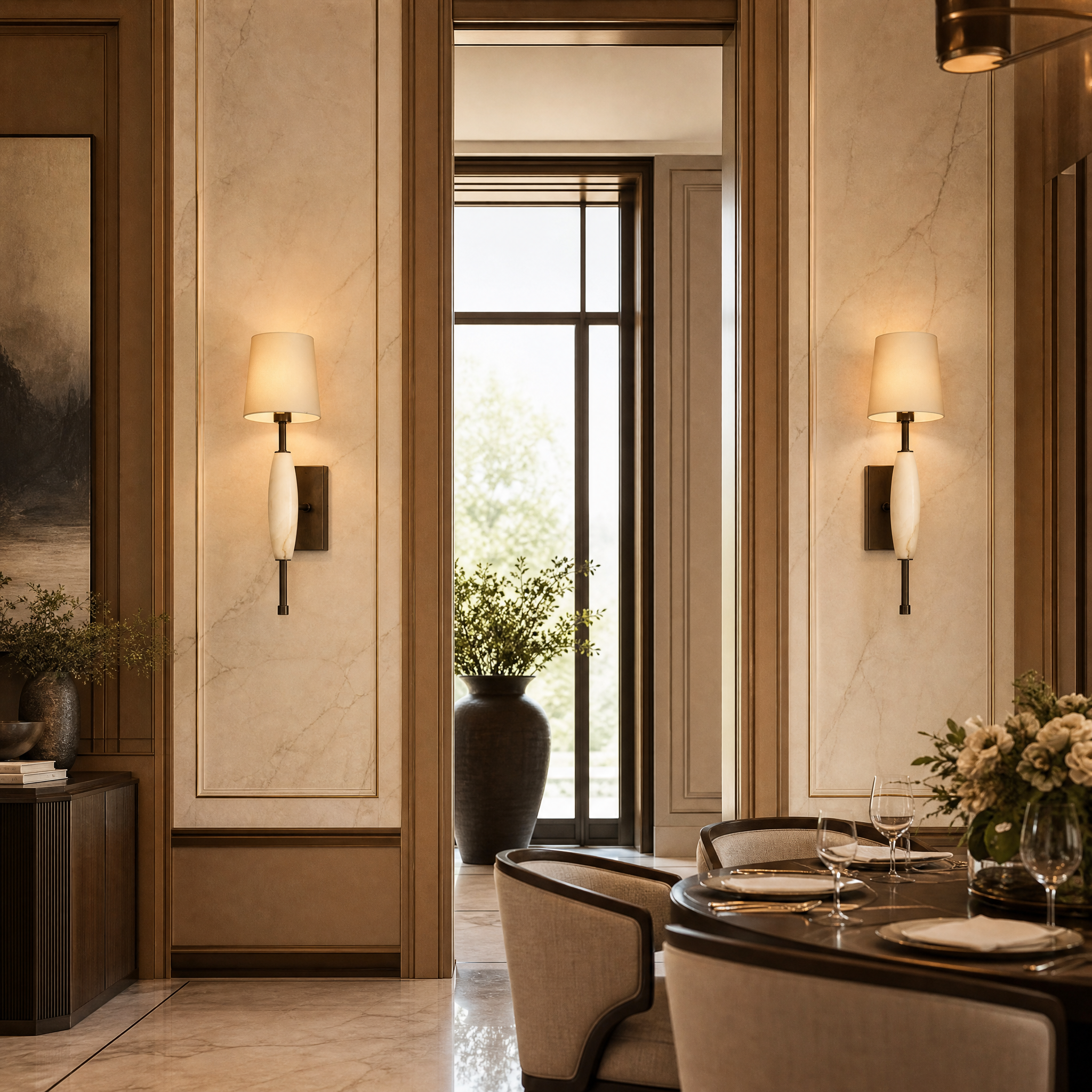 A pair of Seravine alabaster and bronze wall sconces creating warm layered ambient lighting along a sophisticated boutique hotel corridor.