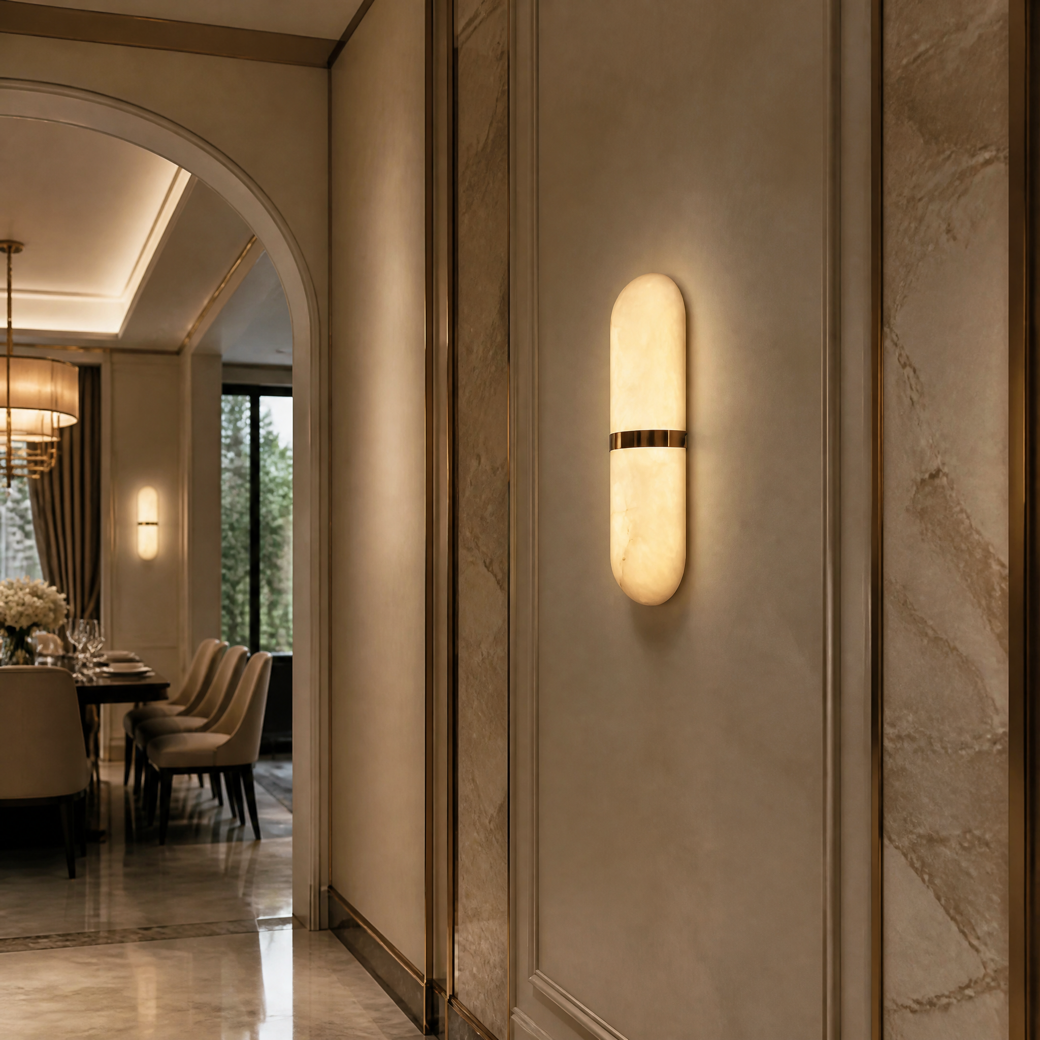 A row of VORELLI Serene Marble Wall Lights providing elegant, sophisticated illumination along a high-end hotel hospitality corridor.
