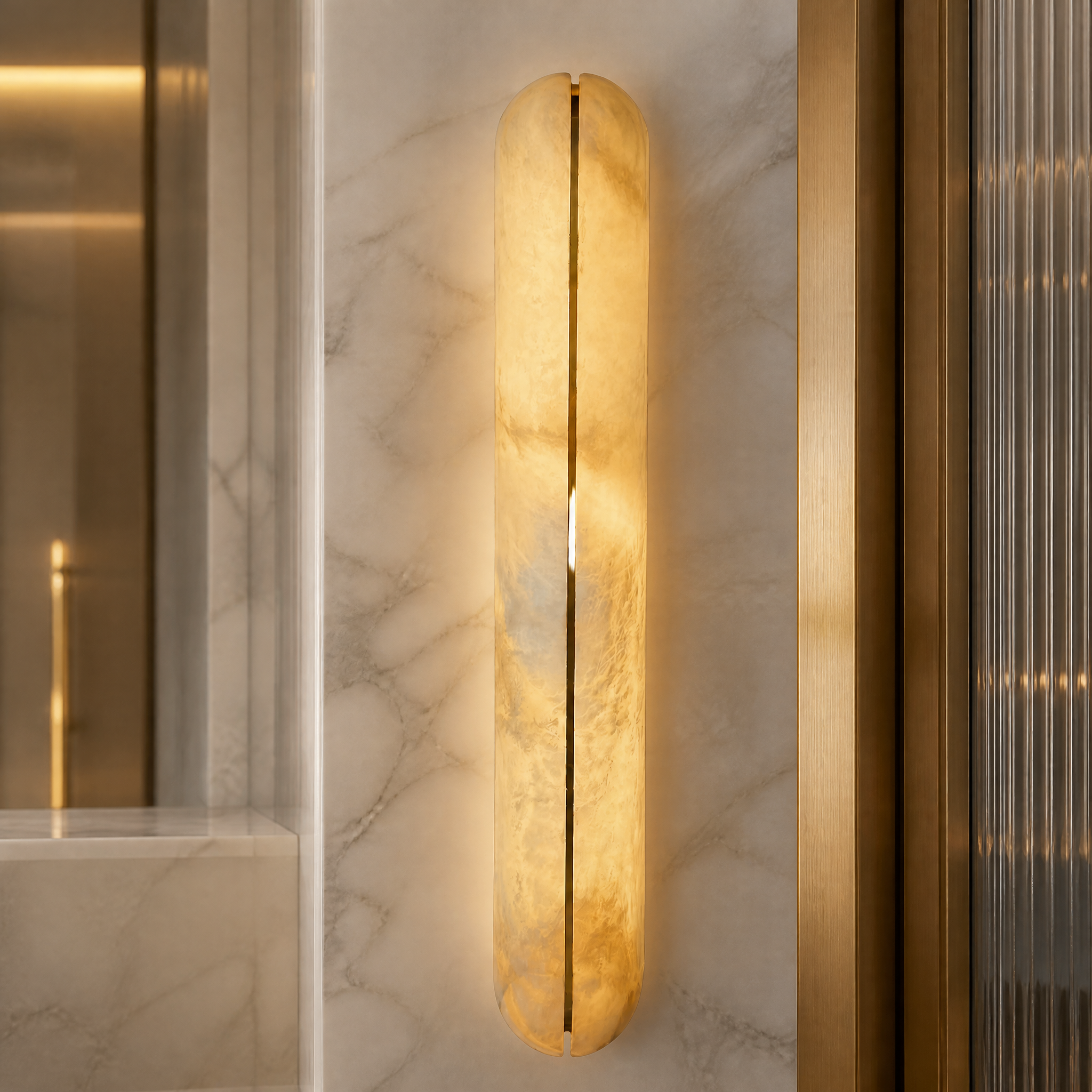 Detailed closeup of the Serino Marble Wall Light, highlighting the premium veined marble silhouette and elegant brass accents.