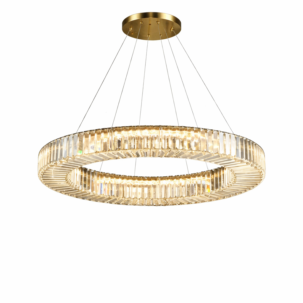 Side view of the VORELLI Maia circular chandelier, highlighting the brilliant shimmer of tightly packed crystal bars capturing the light.