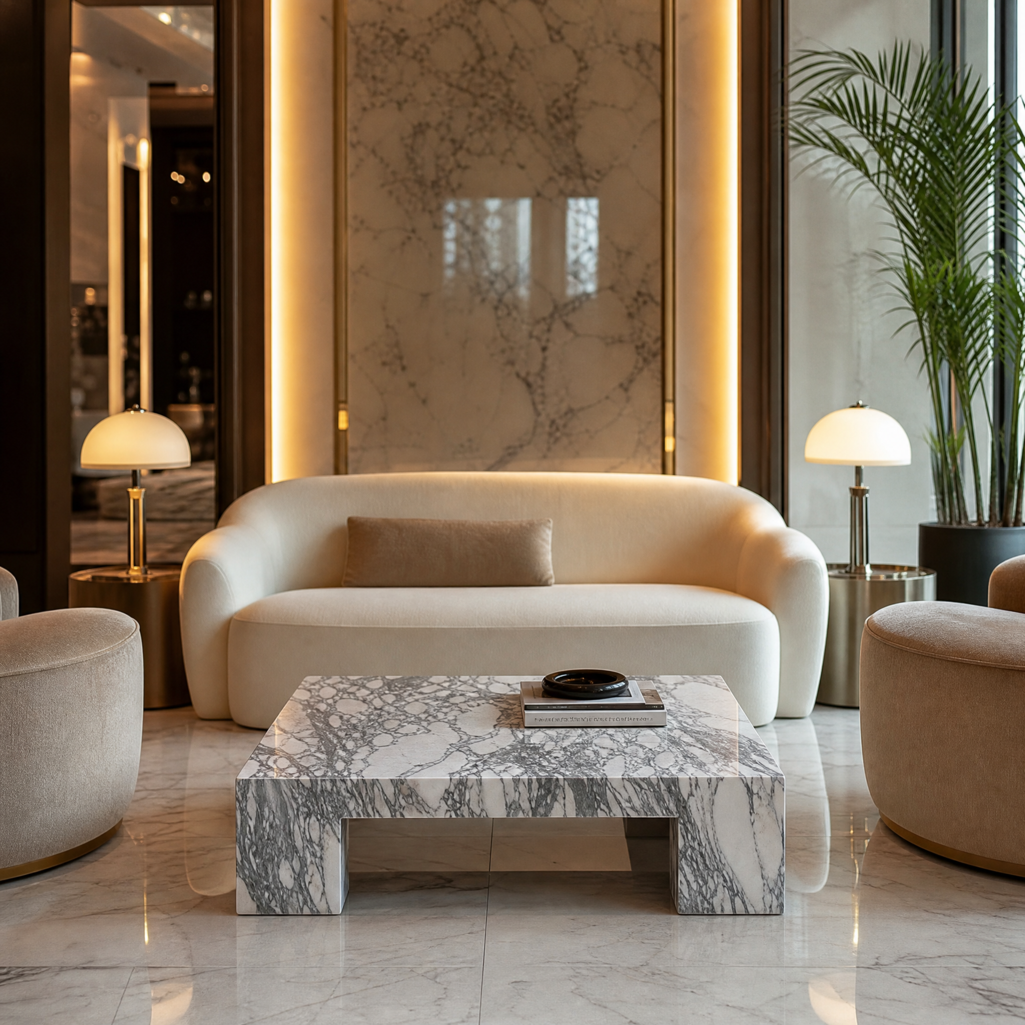 Elegant VORELLI Sidriano Arabescato marble coffee table with a honed matte finish styled in a high-end hotel lobby or hospitality lounge.
