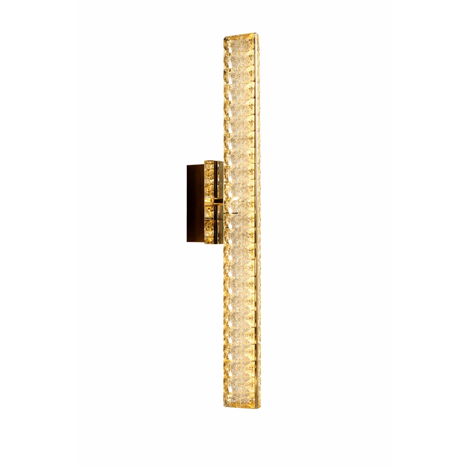 Signature I wall light featuring vertical linear design with diamond cut crystal detailing in modern luxury style on white background