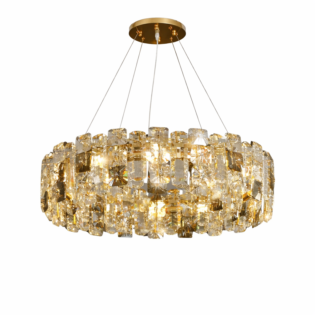 Sigston circular chandelier featuring rectangular diamond cut crystals in clear and smoky tones arranged in luxury ring design on white background