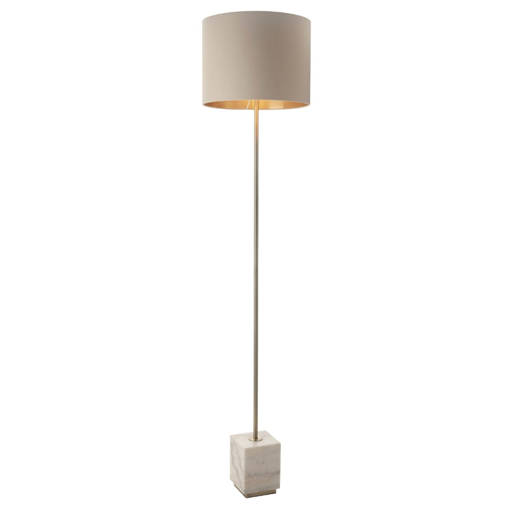 Sintra modern standing floor lamp showcasing structured base and refined brass stem with neutral fabric shade