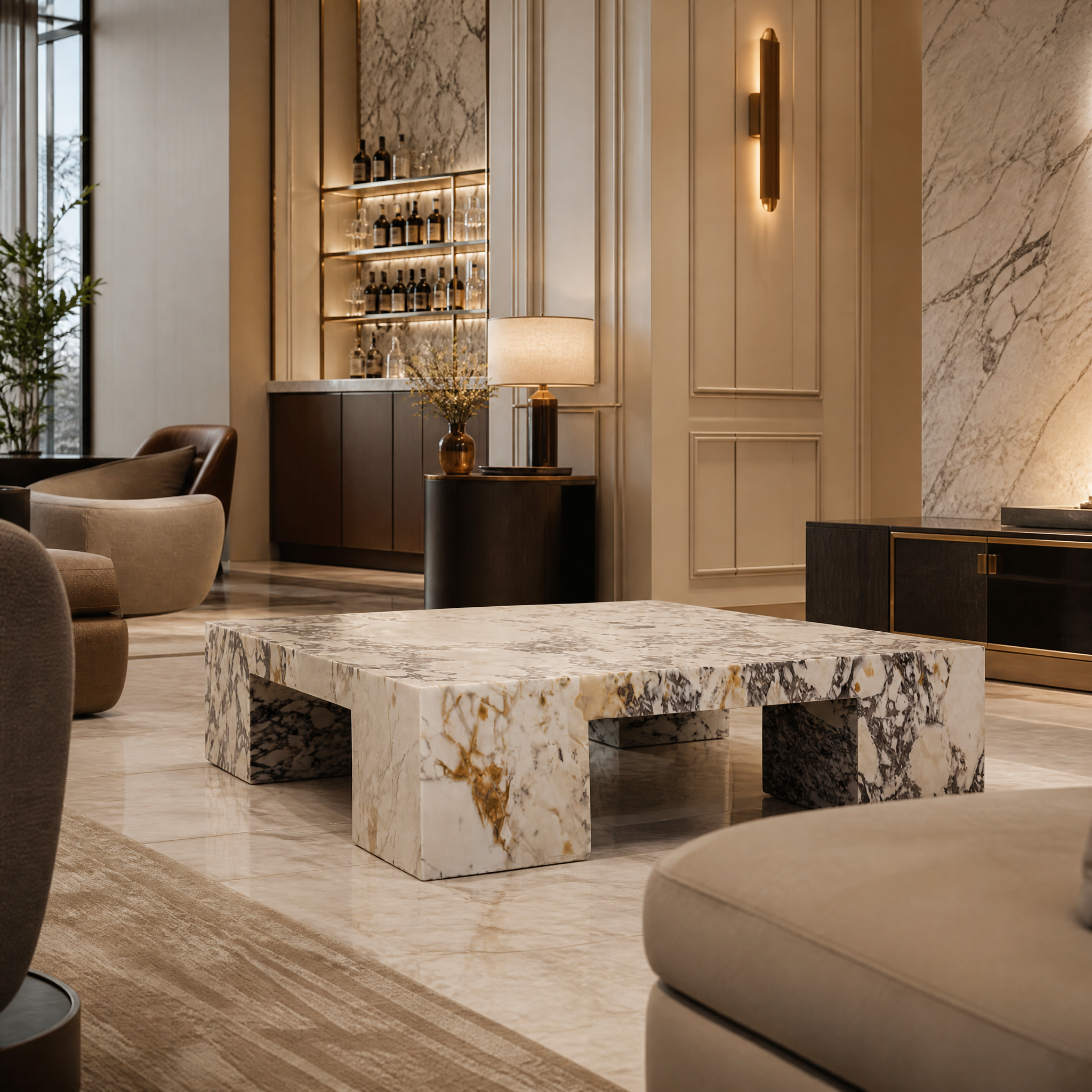 The sophisticated VORELLI Sirena Viola marble coffee table elevating a high-end boutique hotel lounge or hospitality reception area.