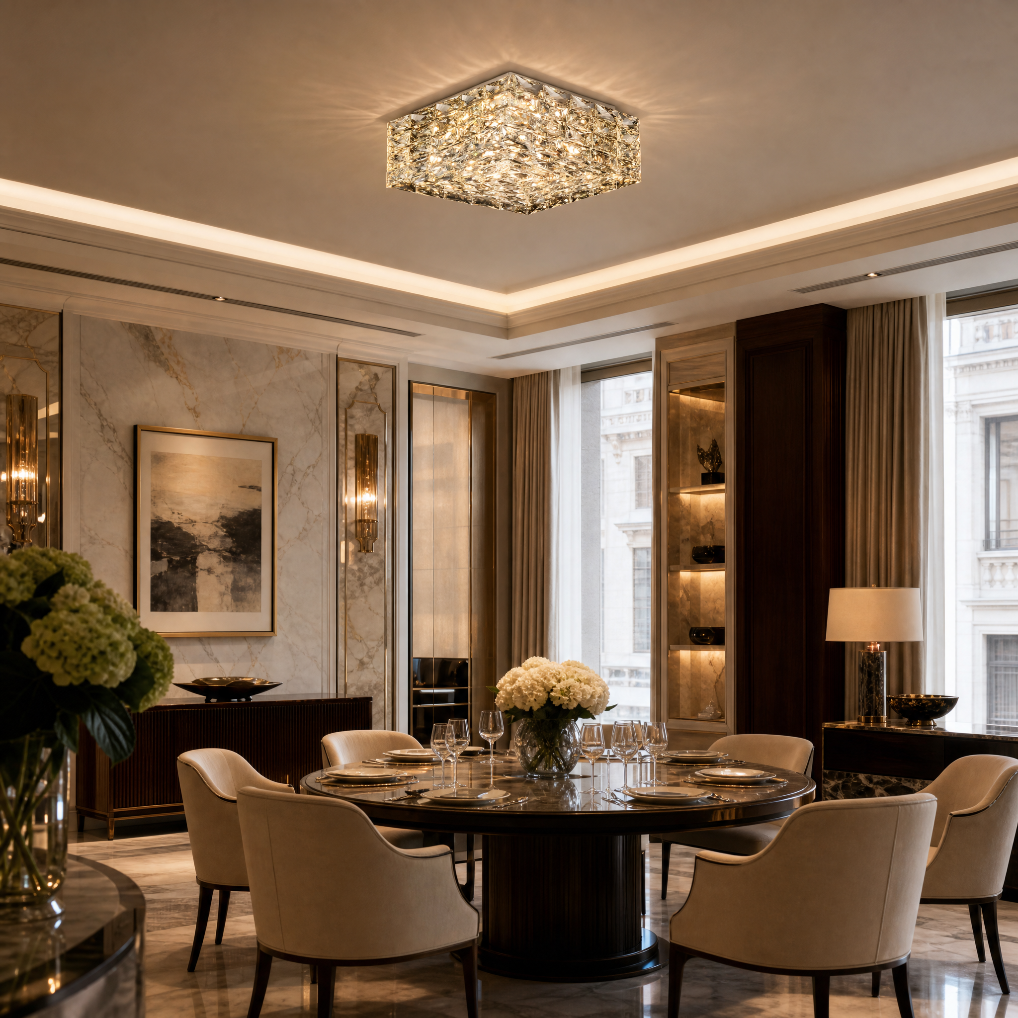 Vorelli Sitka luxury crystal ceiling fixture installed in a contemporary boutique hotel lobby, showcasing sophisticated ambiance.