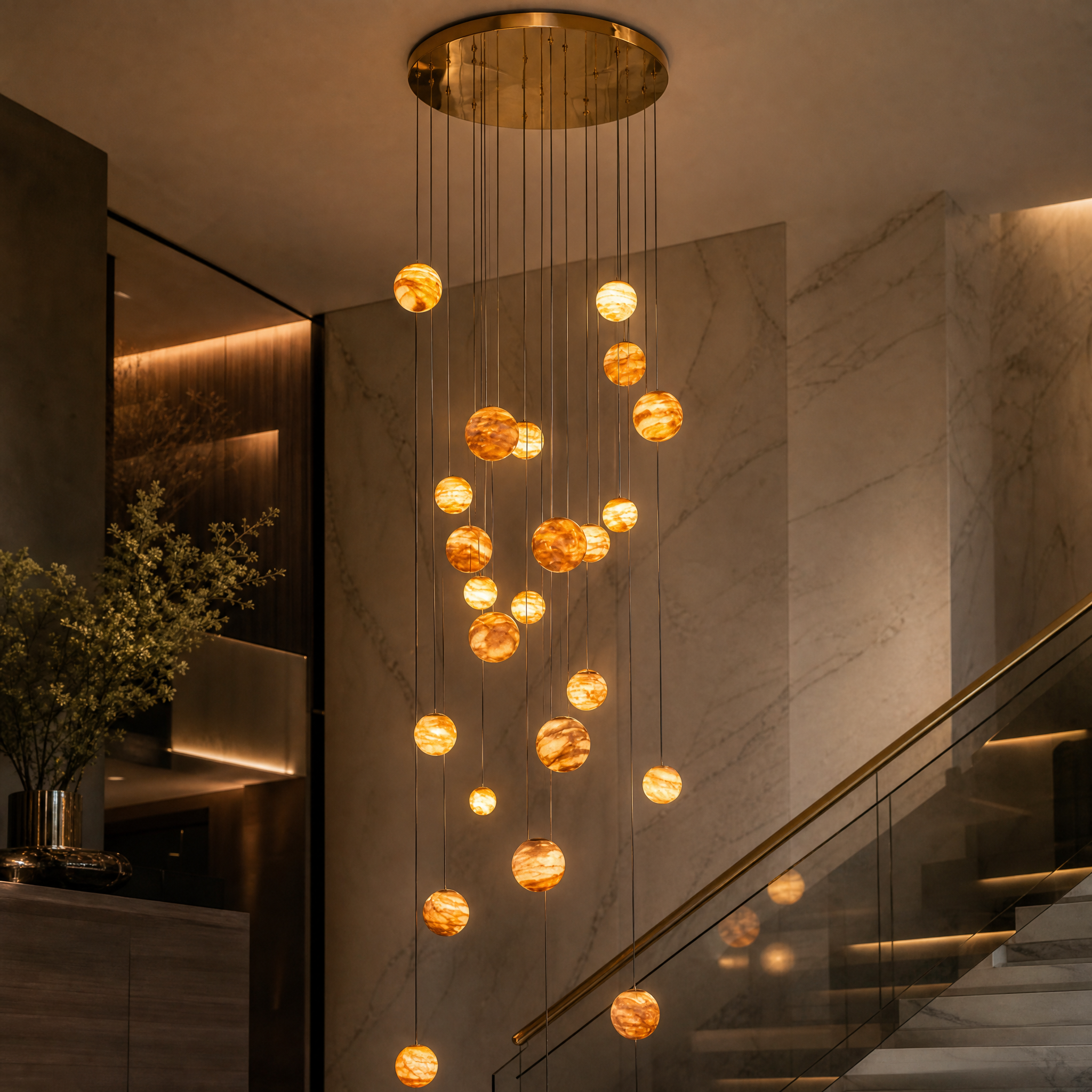 A detailed closeup of the VORELLI Solara chandelier showcasing the exquisite cascading marble spheres and celestial orbit design.