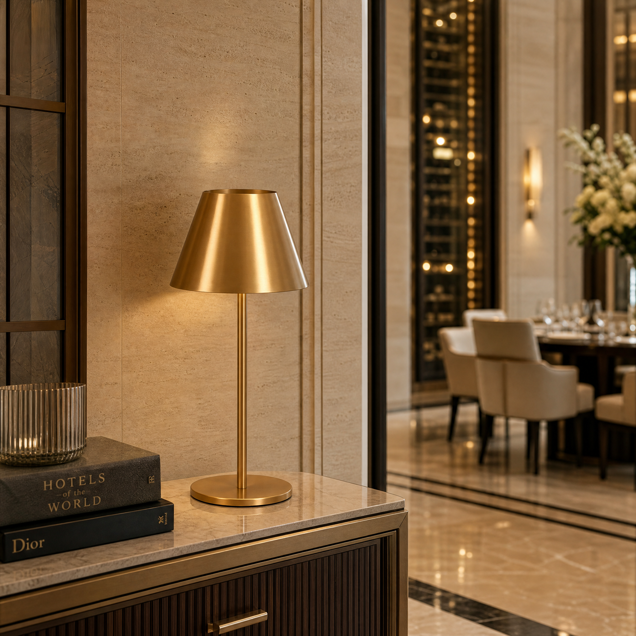 Elegant Solvane antique brass table lamp by VORELLI styled on a dark wood console table in a sophisticated boutique hotel lounge.