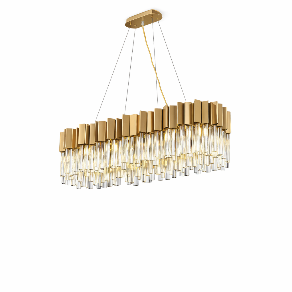 Sophisticated ambiance created by the elongated VORELLI Antilia Rectangular Chandelier over an elegant interior setting.