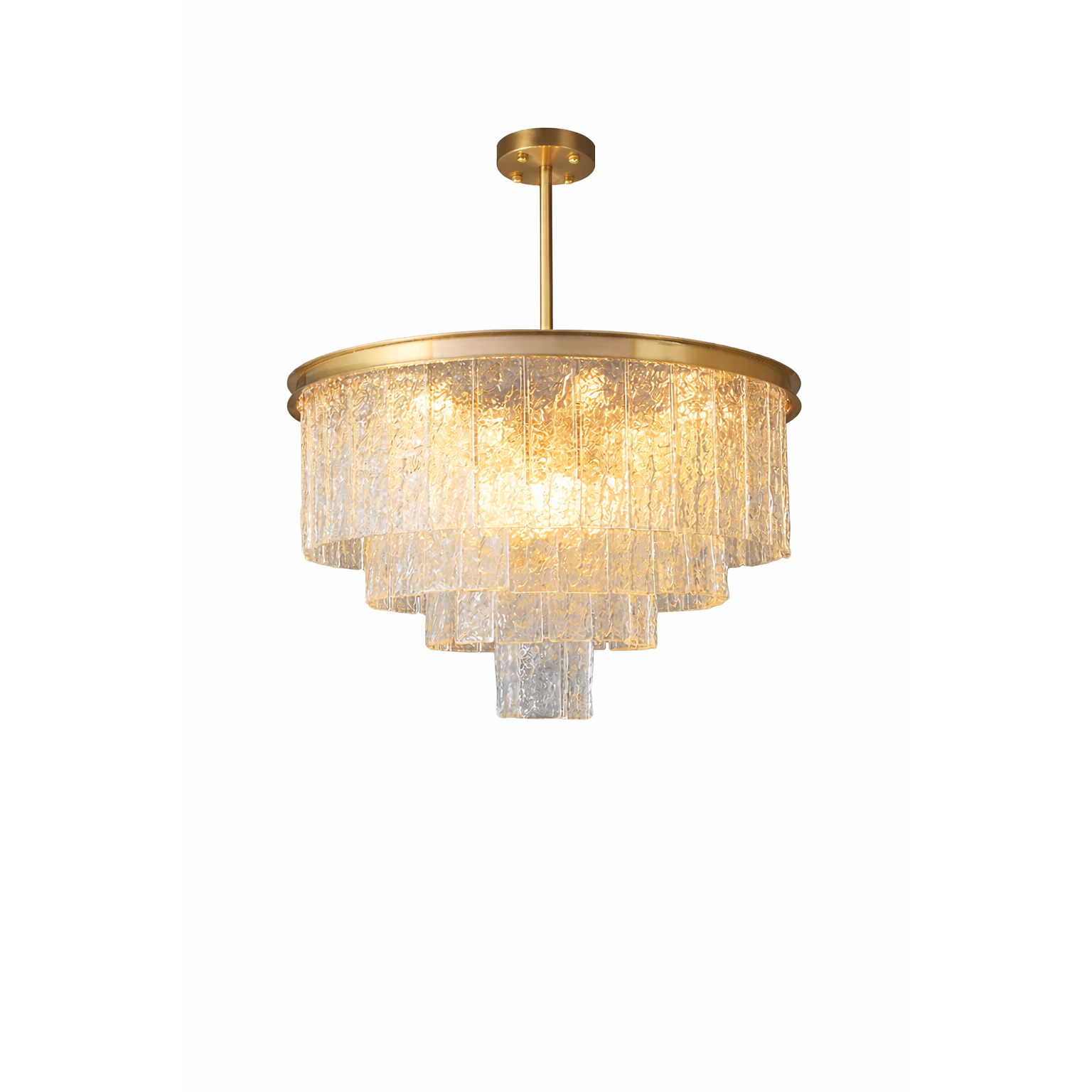 Sophisticated ambiance created by the glow of the VORELLI Cellini circular chandelier tiers, highlighting the textured rectangular crystal prisms.