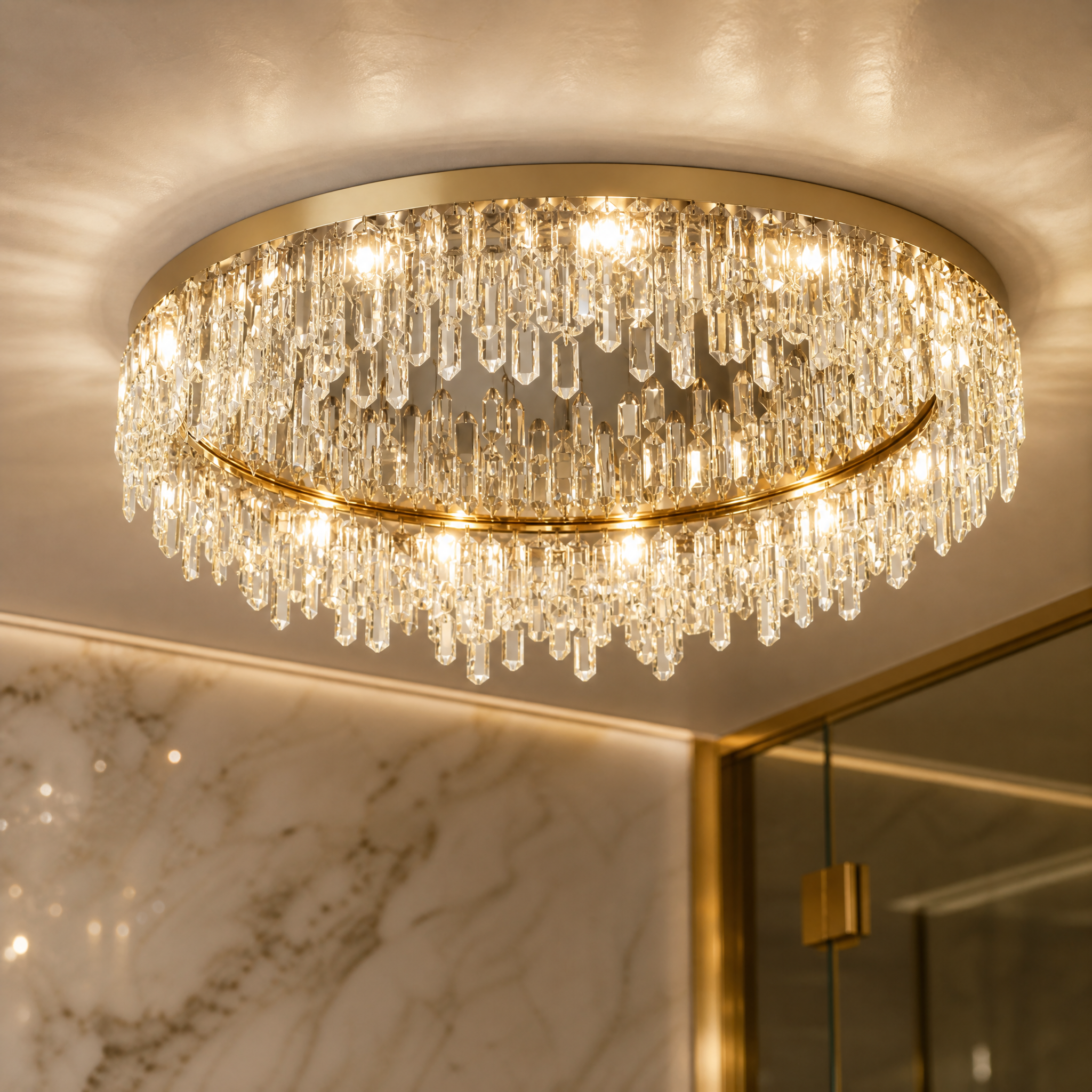 Sophisticated ambiance created by the VORELLI Abruzzi ceiling light, highlighting the cascading icicle-like crystals.