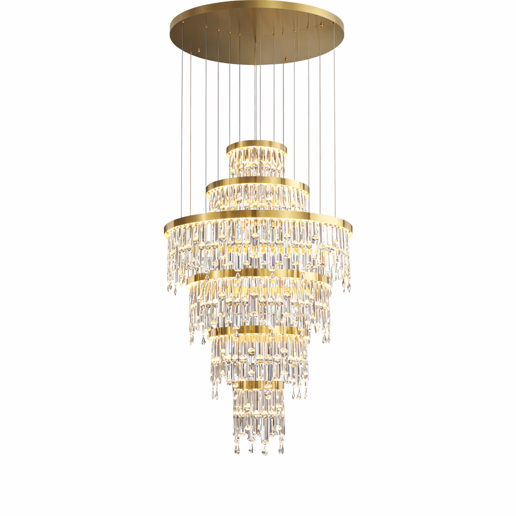 Sophisticated ambiance created by the VORELLI Prazzo ring staircase chandelier, showcasing its dramatic flair in a premium interior space.