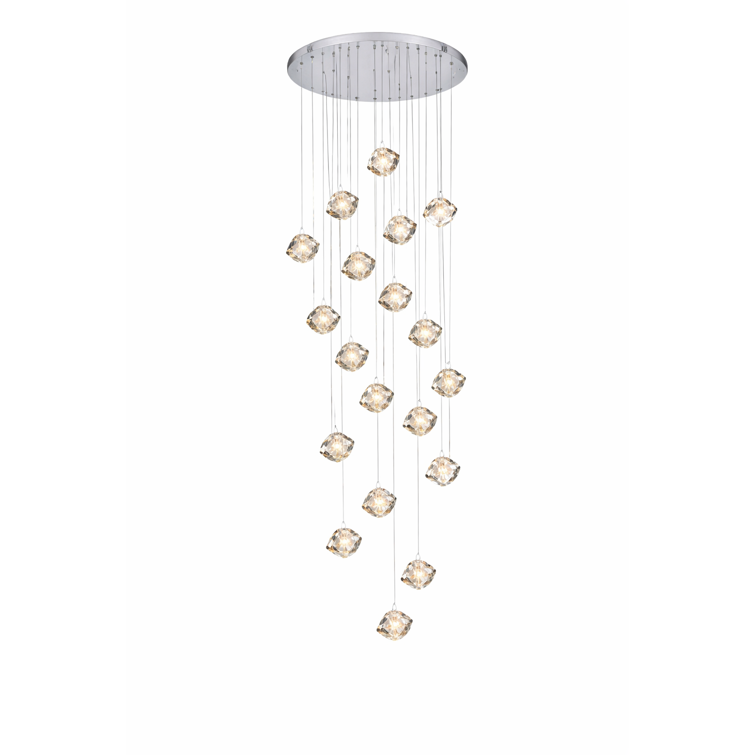 Sophisticated ambient glow from the cube crystal pendants of the Crenshaw staircase chandelier, highlighting an elegant, upscale interior mood.