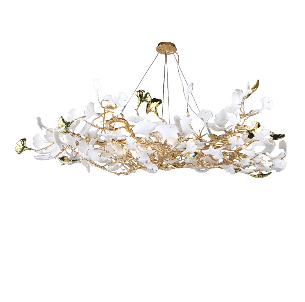 Sophisticated illumination from the glass petals of the Prano rectangular chandelier, highlighting its architectural presence.