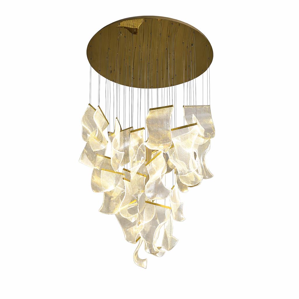 Sophisticated modern interior showcasing the artistic free-fall formation of the Fluente staircase chandelier by VORELLI.