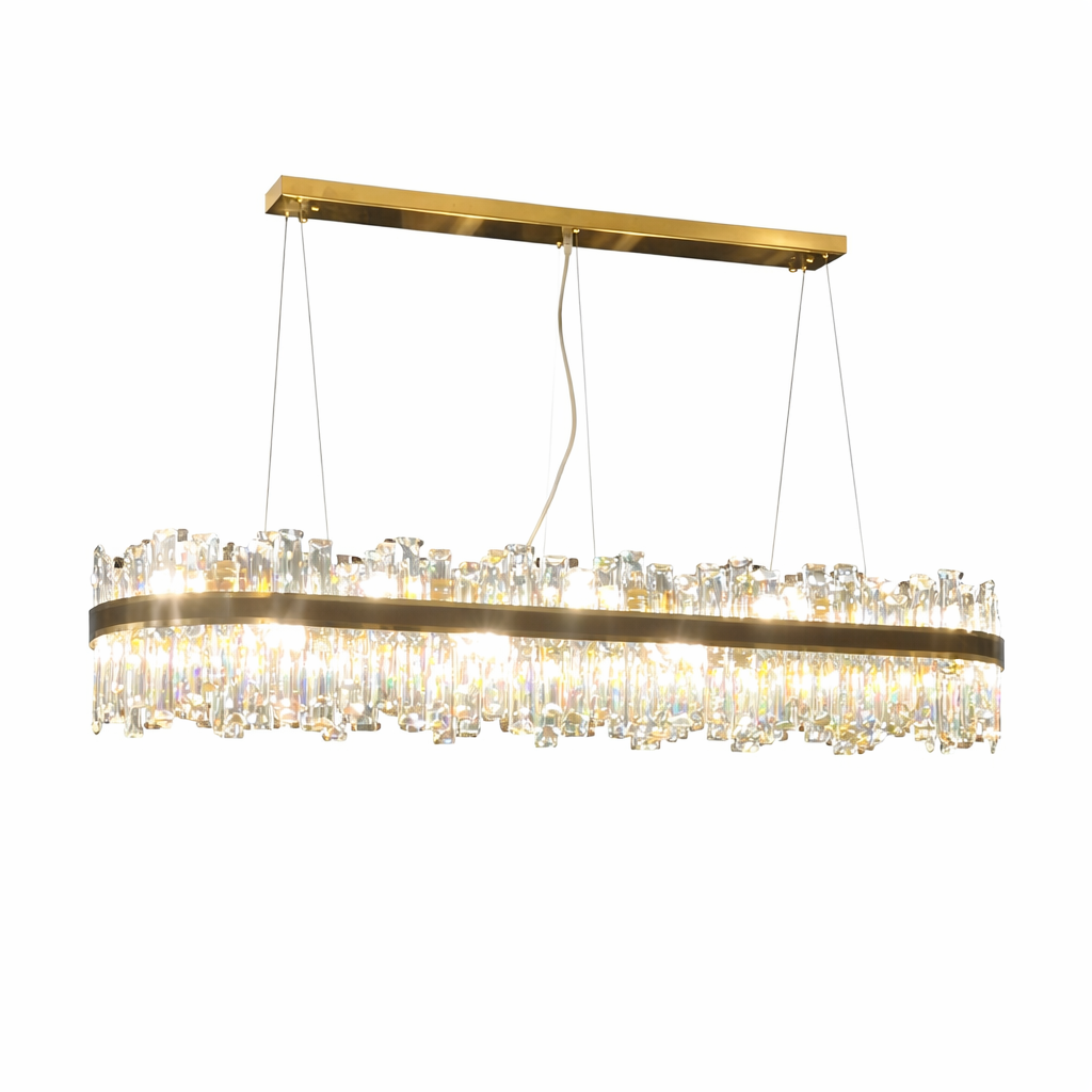 Sophisticated mood lighting from the VORELLI Brighouse Rectangular Chandelier, showcasing its contemporary luxury design.
