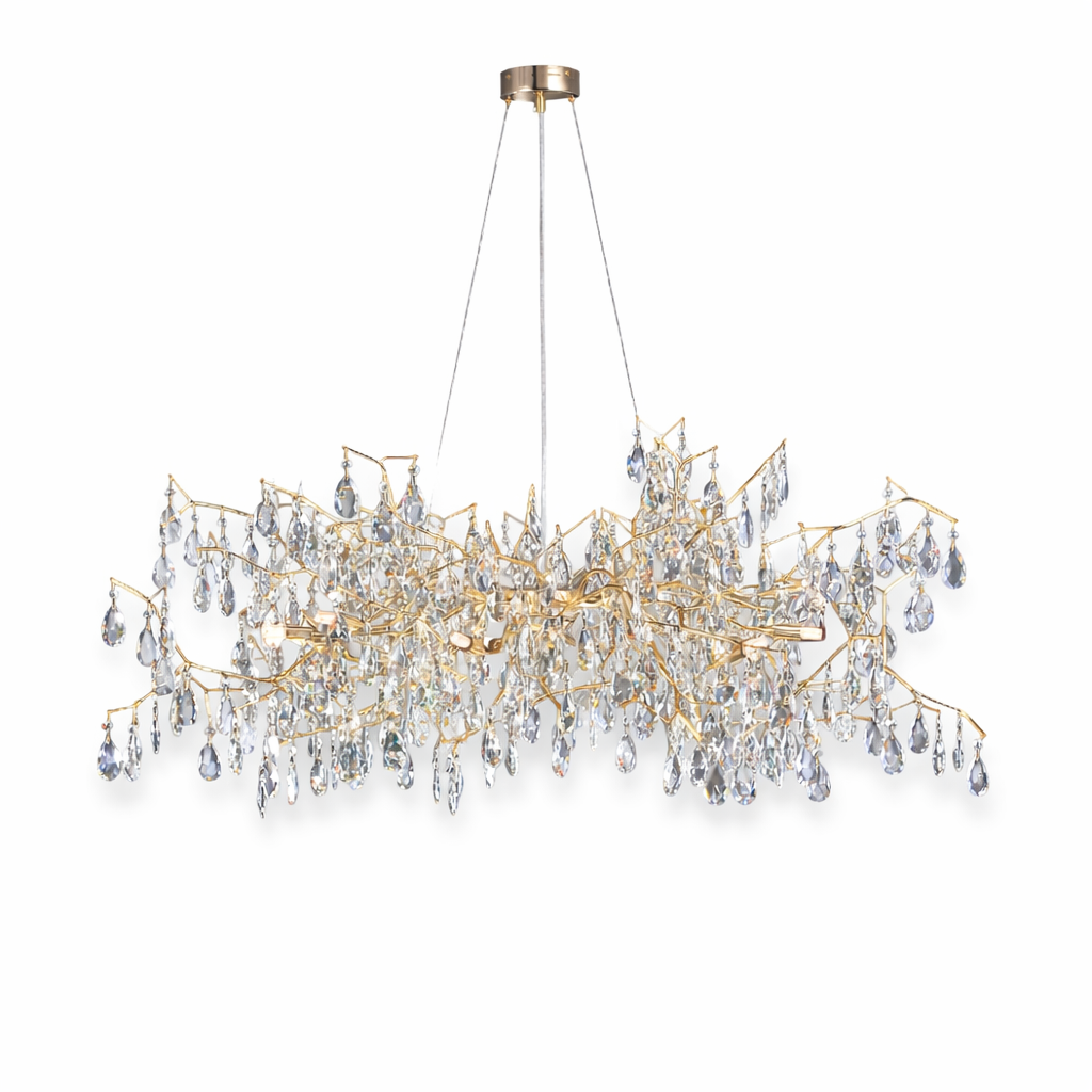Sophisticated mood lighting reflecting through the cascading crystal drops of the Dewdrop circular chandelier by VORELLI.