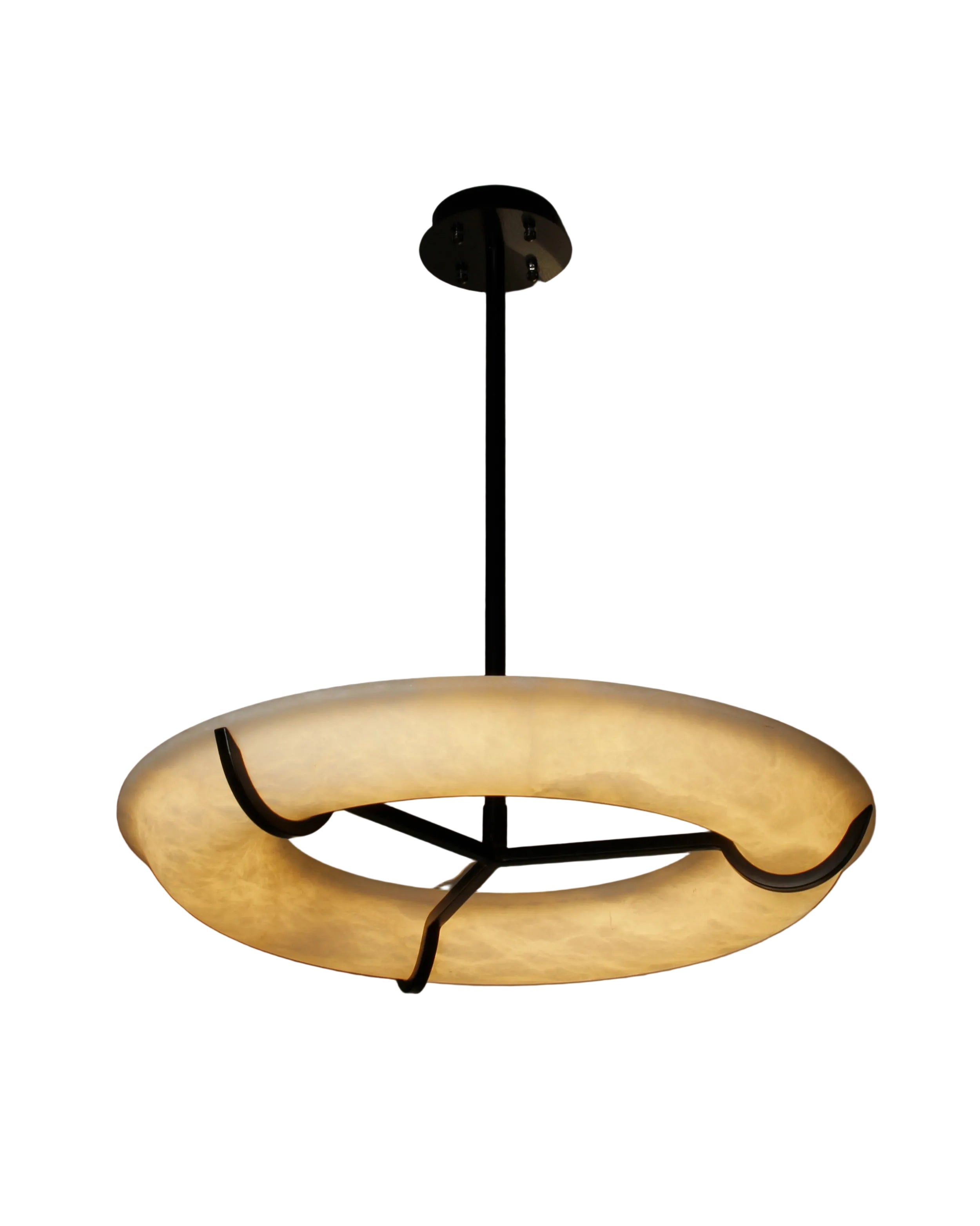 Sorano marble circular chandelier featuring sculptural halo ring suspended from minimalist black ceiling mount on white background