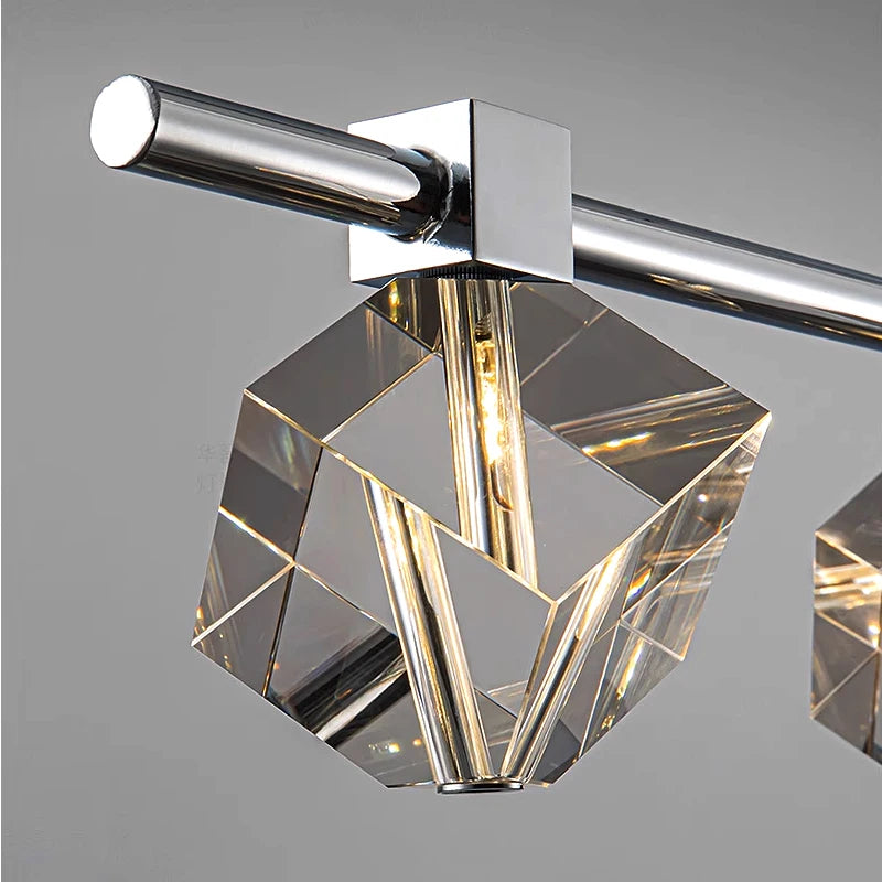 Close up of faceted crystal cube pendant element on Sorrento rectangular chandelier