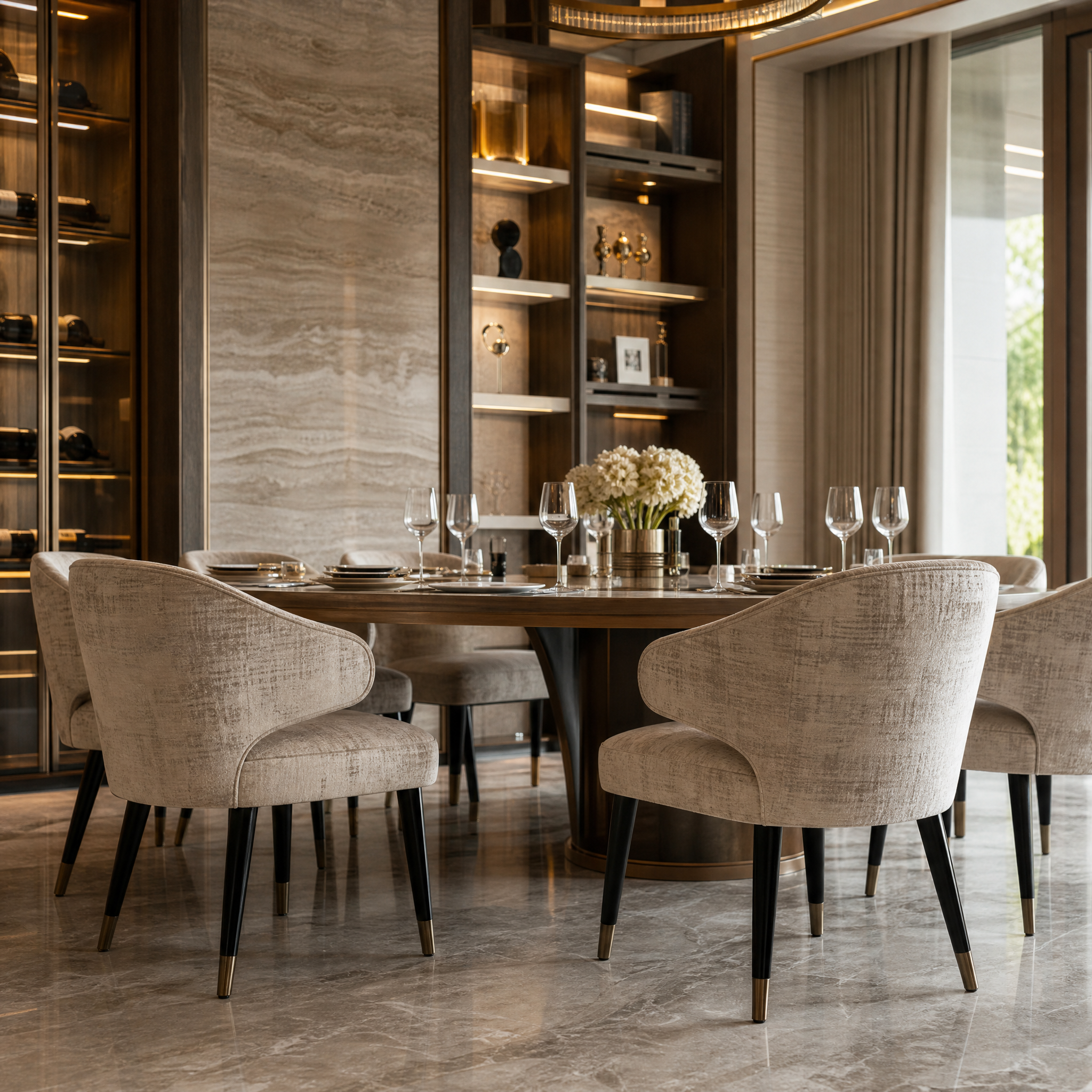 Elegant Spencer Brass Black Luxe Mushroom Chairs arranged in a sophisticated hospitality lounge or high-end restaurant interior.