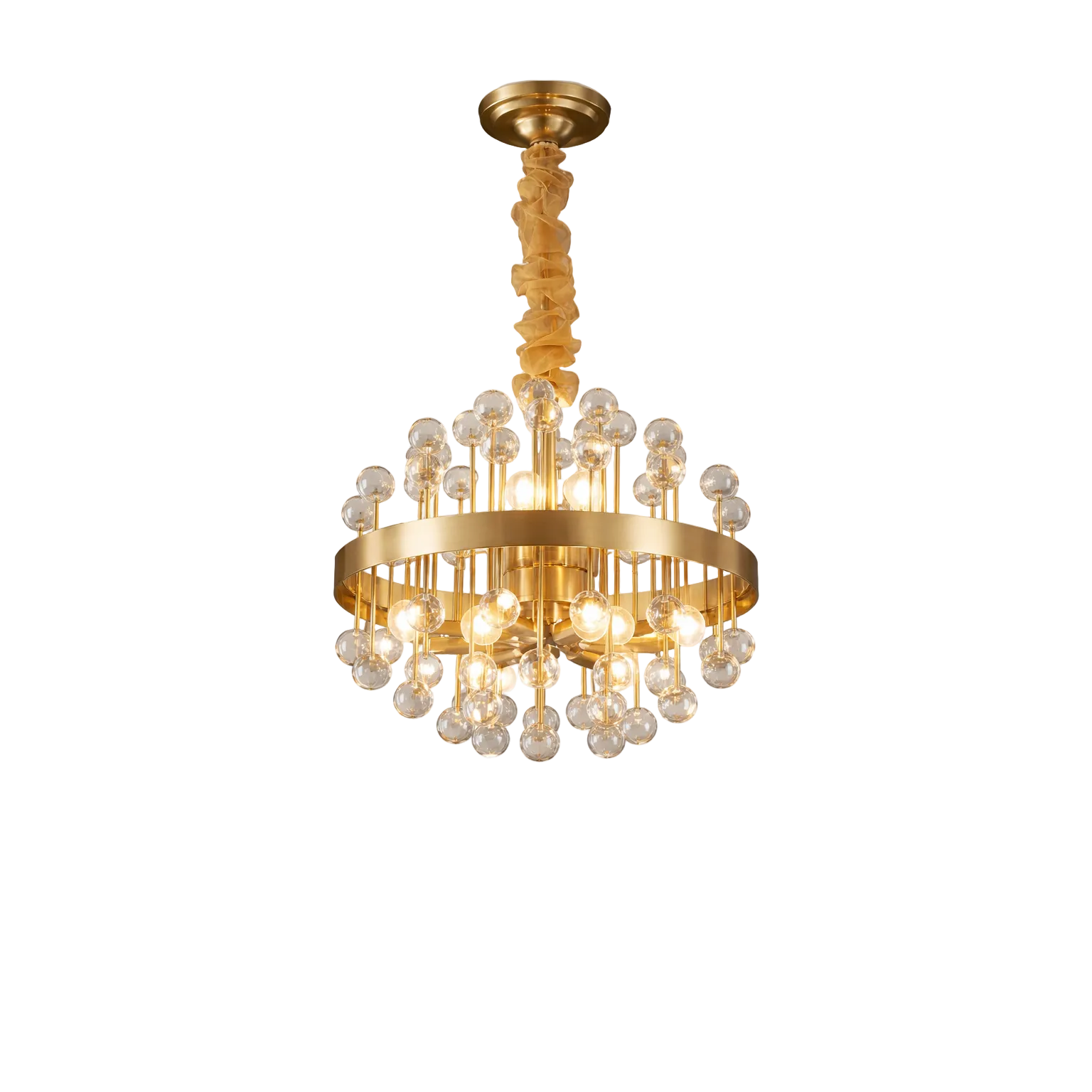Luxury circular gold chandelier with multiple clear glass globe pendants suspended from a brushed gold ring and wrapped central stem, softly illuminated and isolated on a pure white background.