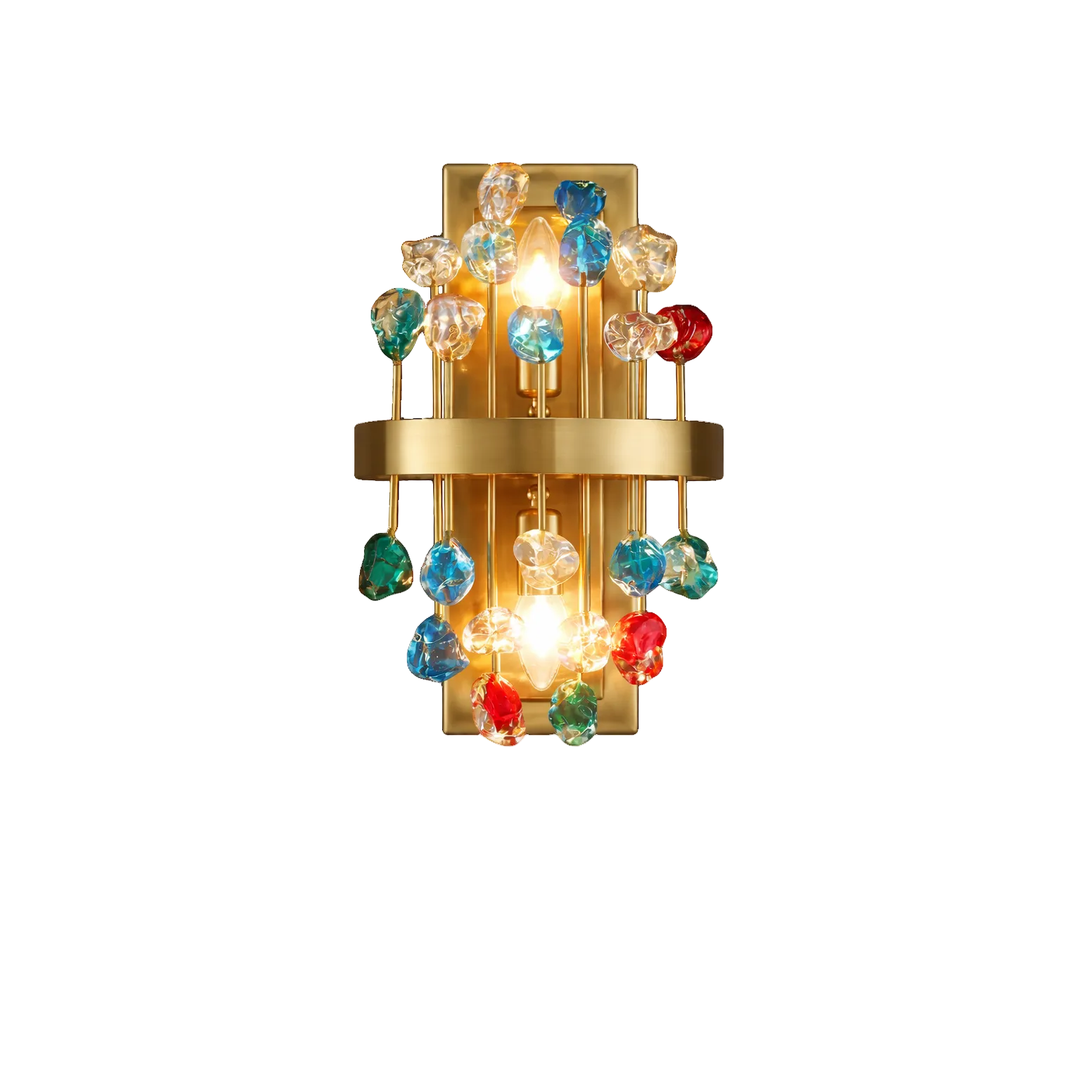 VORELLI® luxury gold wall light with multicoloured crystal drops, modern designer wall lighting for living rooms, bedrooms and hospitality interiors.