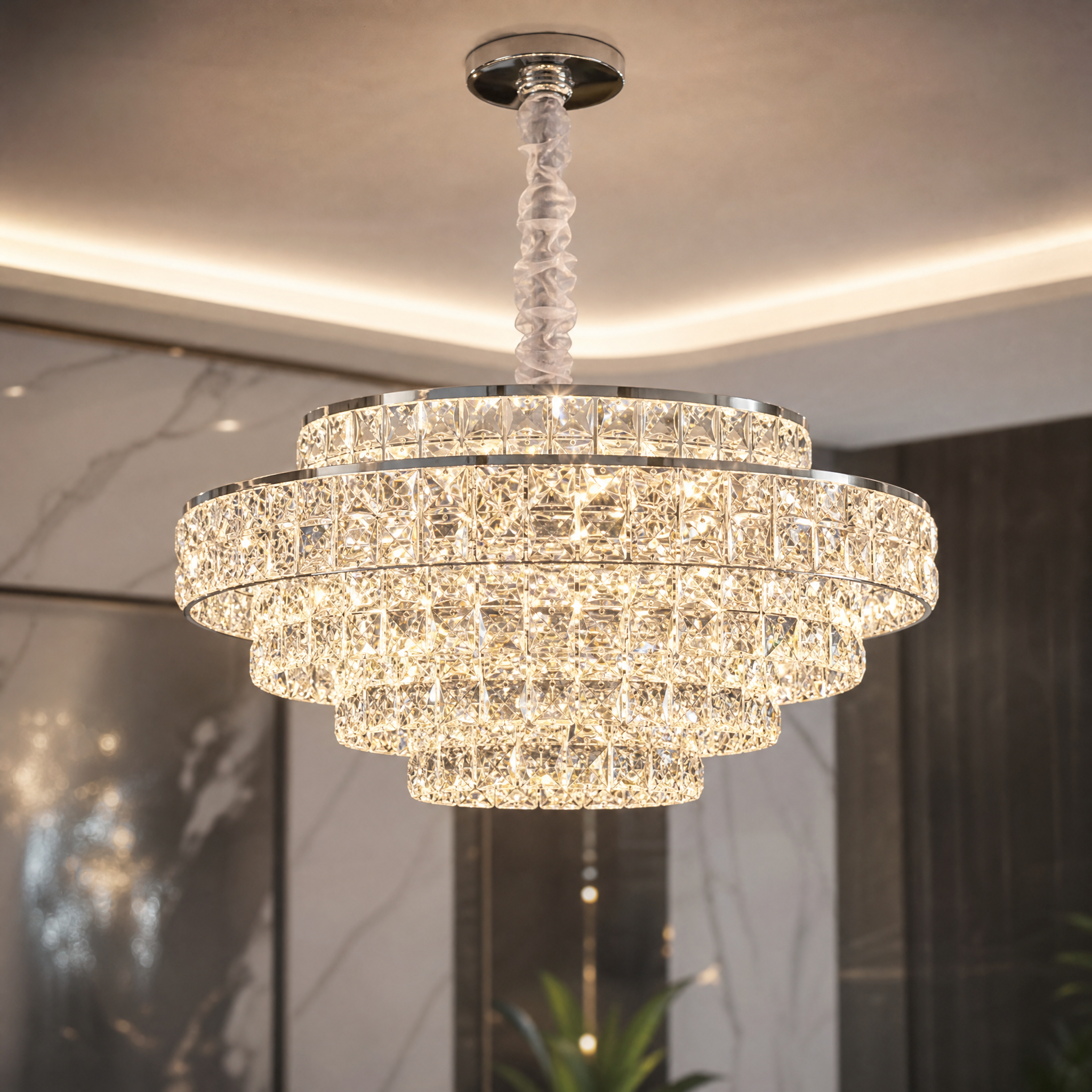Close-up detail of the shimmering diamond cut square crystals on the VORELLI Stefano Circular Chandelier.