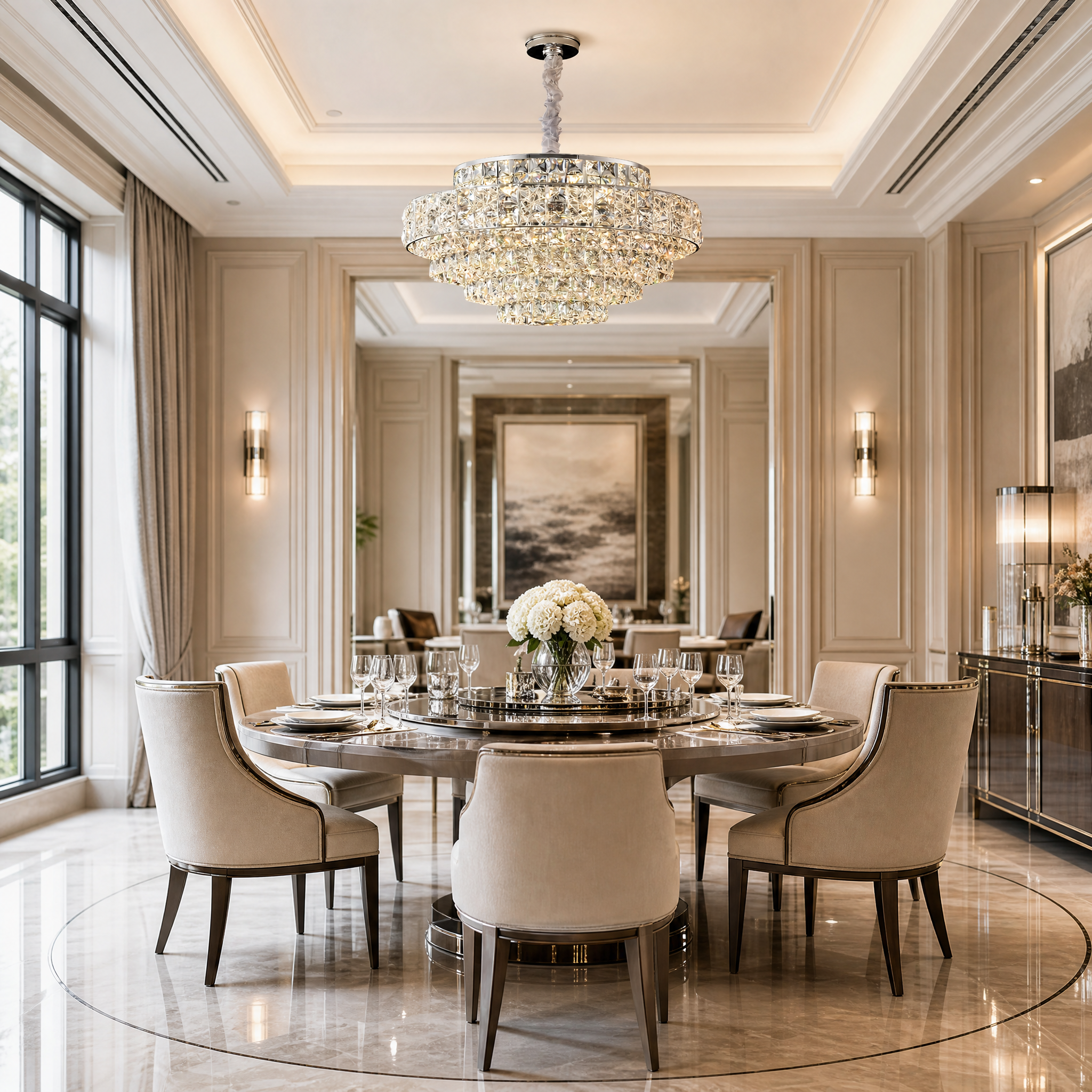 The VORELLI Stefano Circular Chandelier radiating elegant light over a sophisticated residential living room interior.