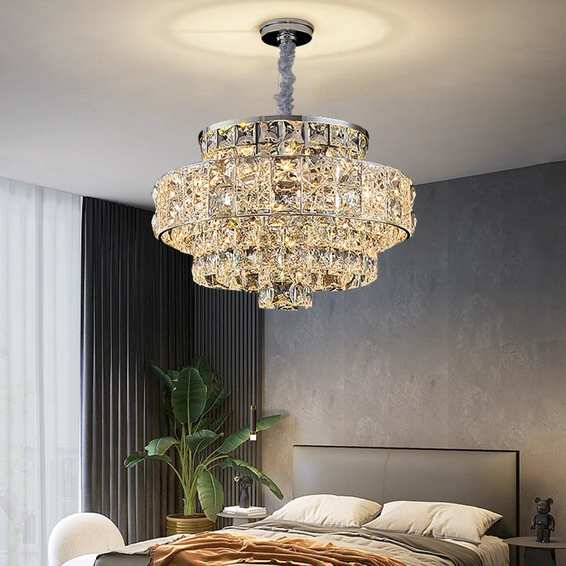 Stefano modern multi tier chandelier showcasing layered diamond cut square crystal structure