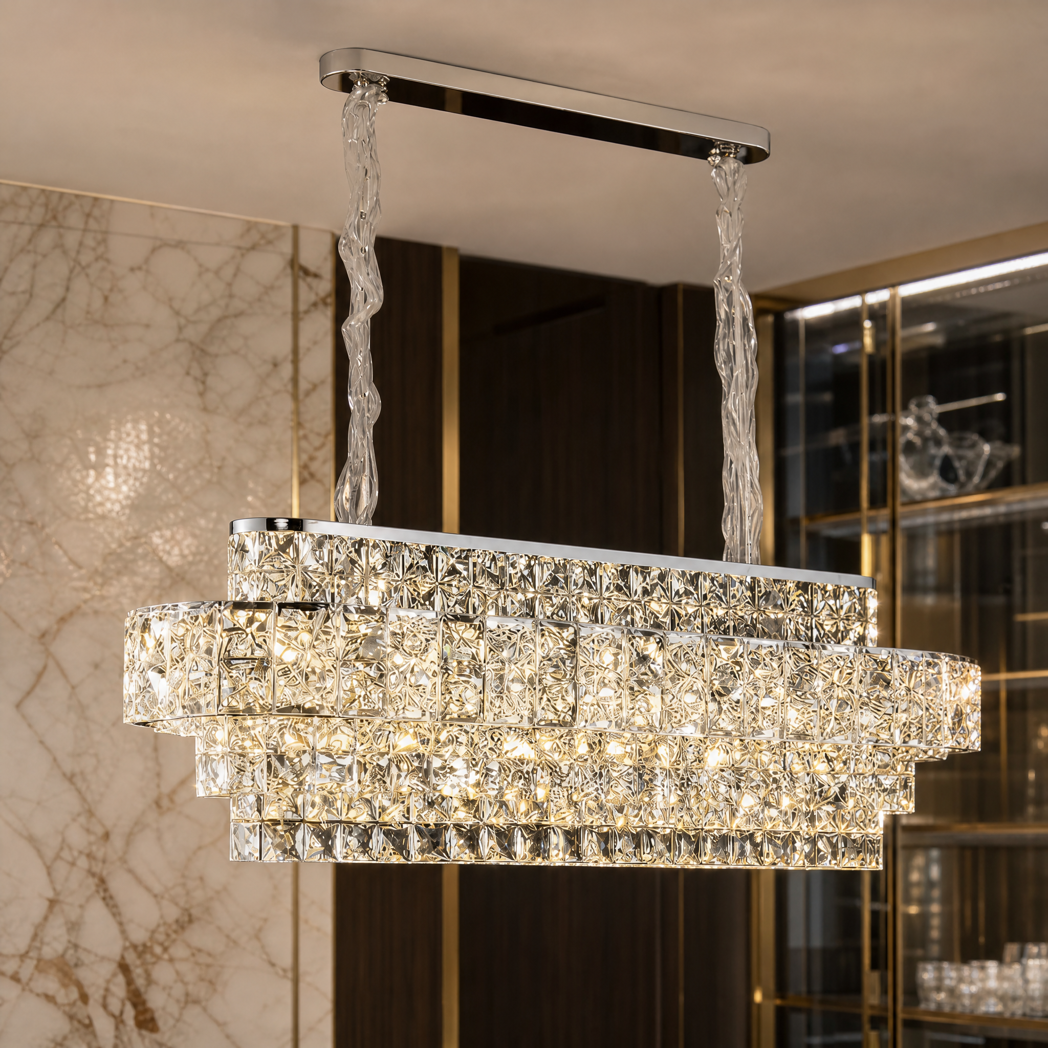 Macro closeup of the diamond-cut square crystals and sleek rectangular frame of the VORELLI Stefano luxury chandelier.