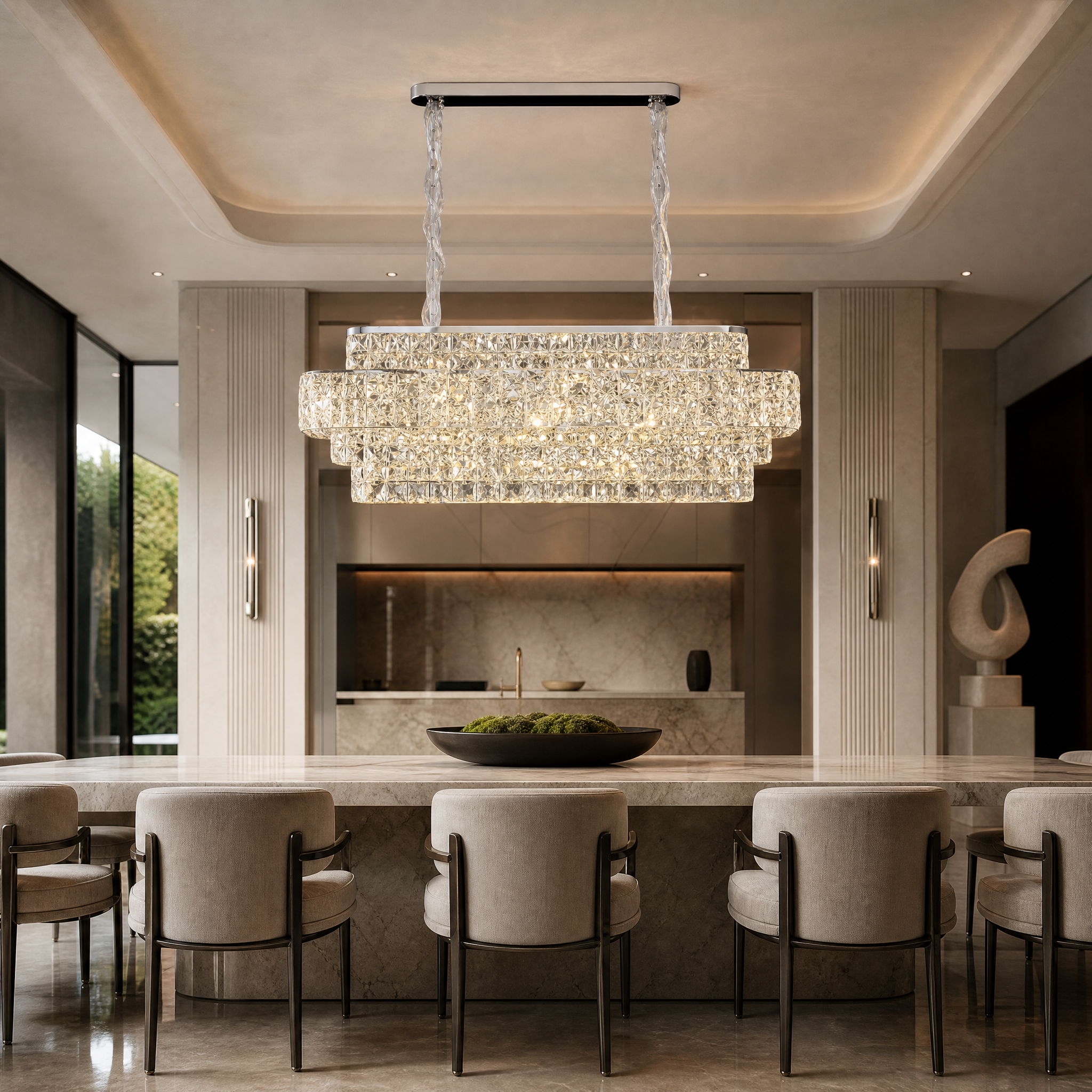 The VORELLI Stefano rectangular crystal chandelier illuminating a luxury modern dining room with opulent multi-tiered diamond-cut crystals.