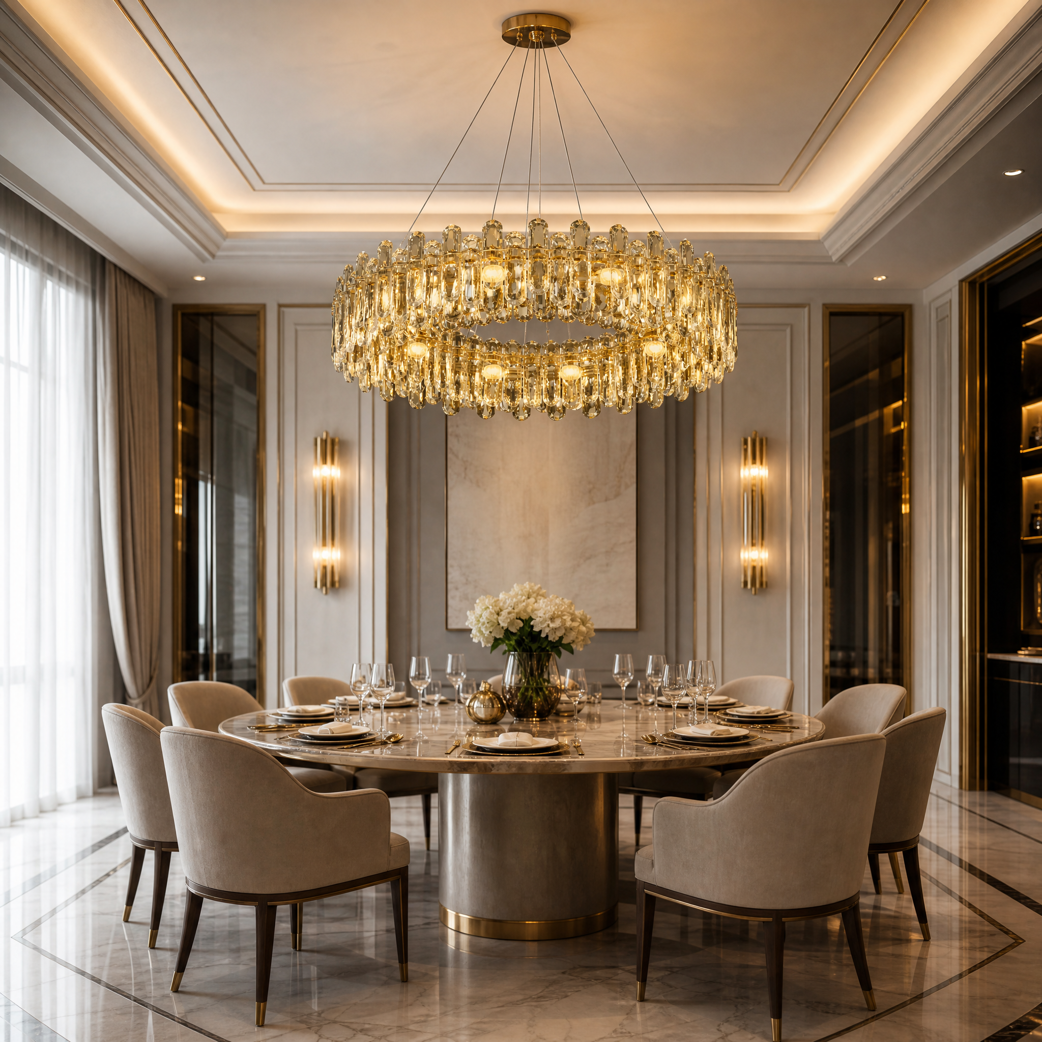 VORELLI Stellina circular chandelier with textured crystal perimeter illuminating a luxury residential living room.