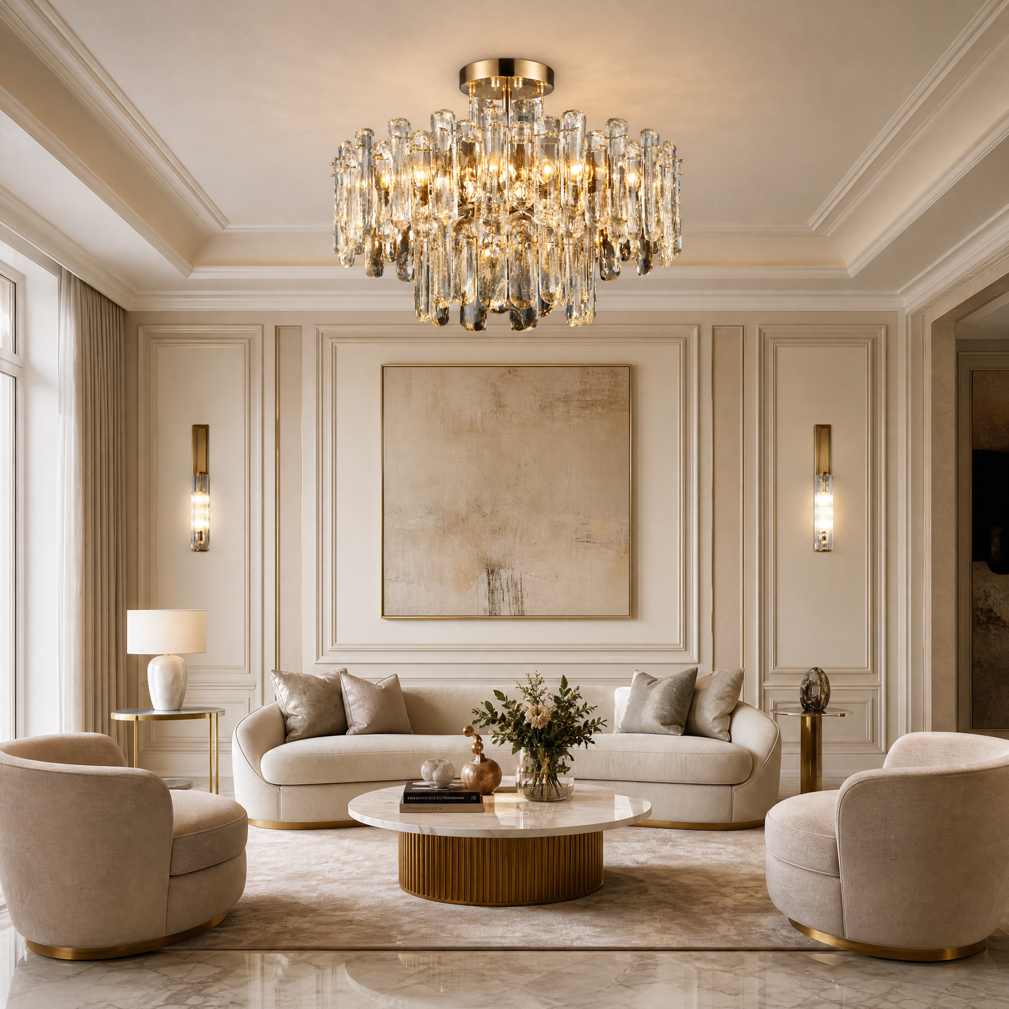 VORELLI Stellina oblong textured crystal pendant light illuminating a luxury residential dining room with a refined, modern aesthetic.