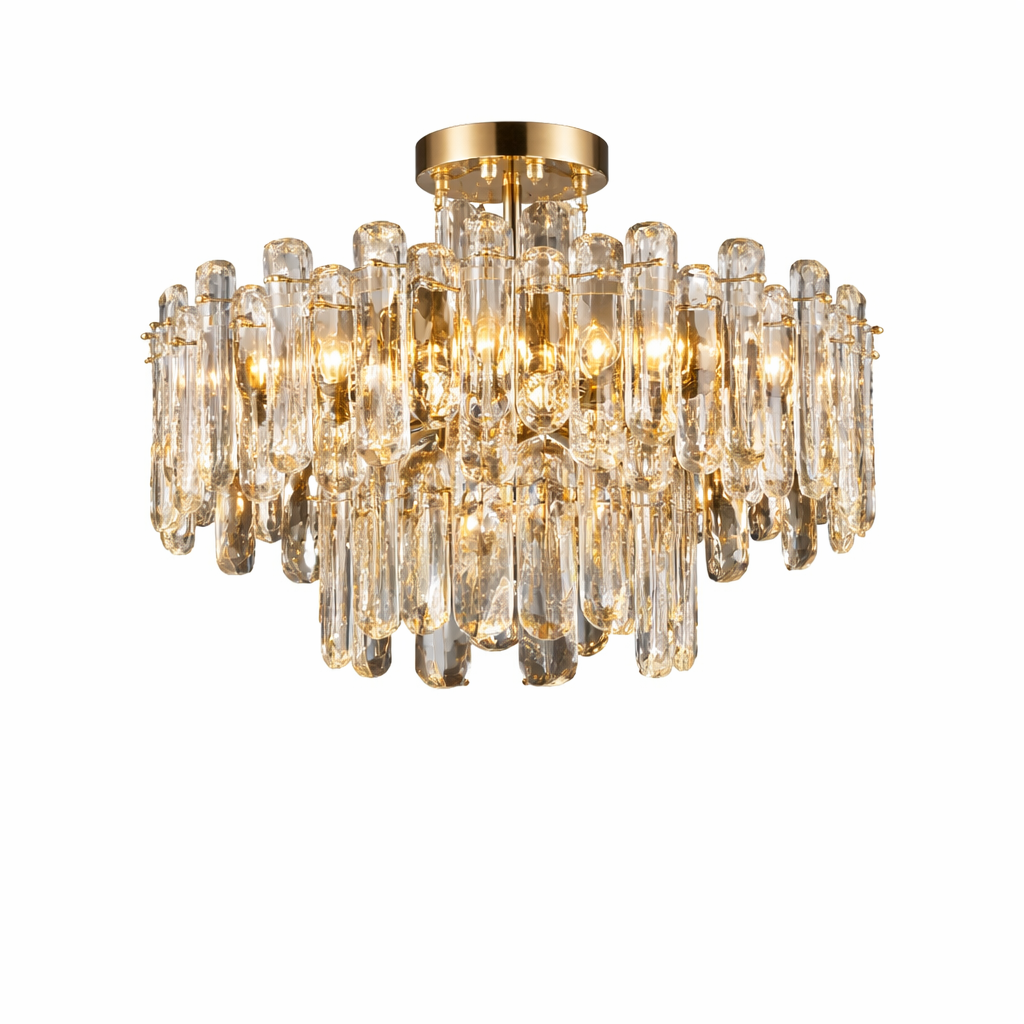 Stellina pendant light featuring layered oblong textured crystal rods in refined circular ceiling design on white background