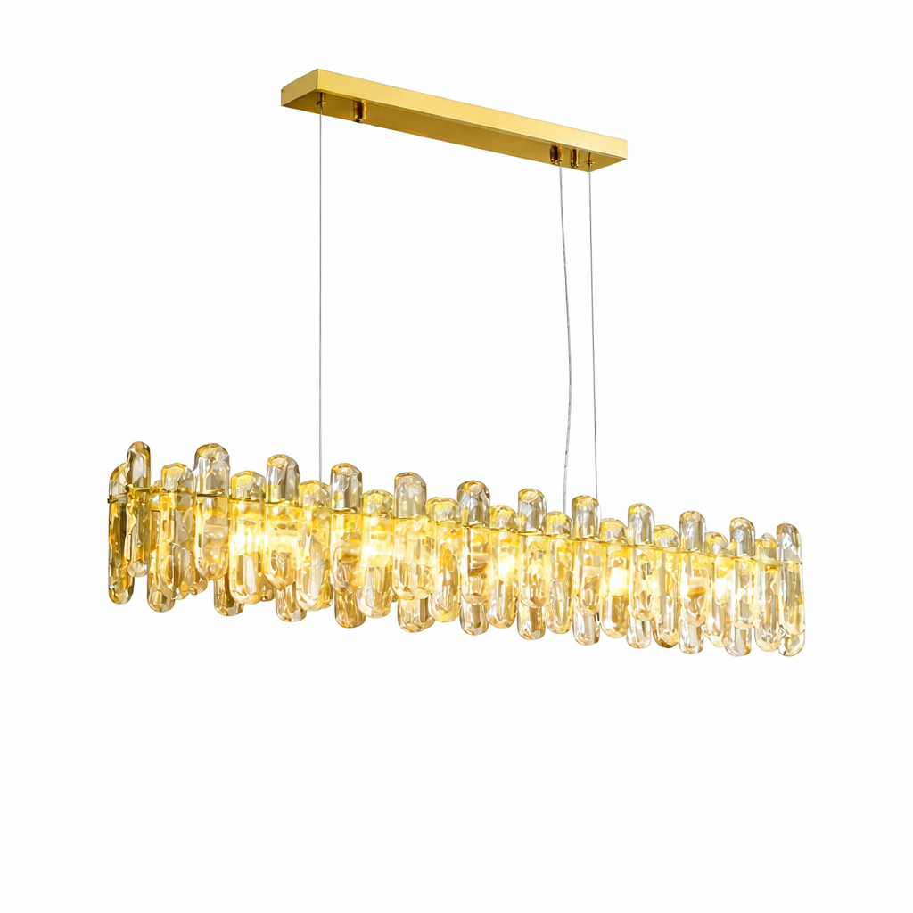Stellina rectangular chandelier featuring oblong textured crystal rods arranged in sleek linear formation on white background