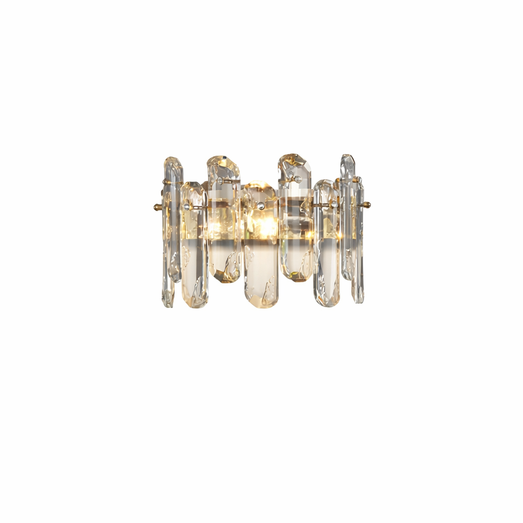 Stellina wall light featuring oblong textured crystal rods in refined horizontal luxury wall mounted design on white background