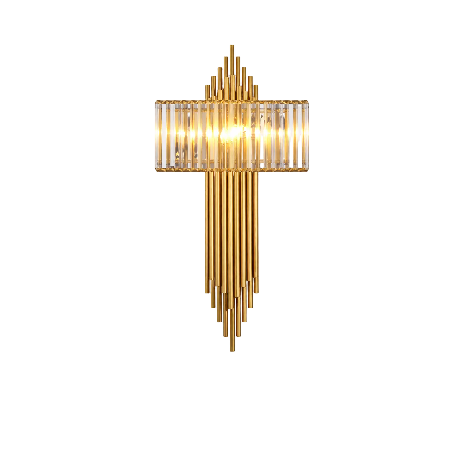 Luxury gold wall light with vertical clear crystal bars forming a rectangular illuminated centre and tapered polished gold rods extending above and below, isolated on a pure white background.